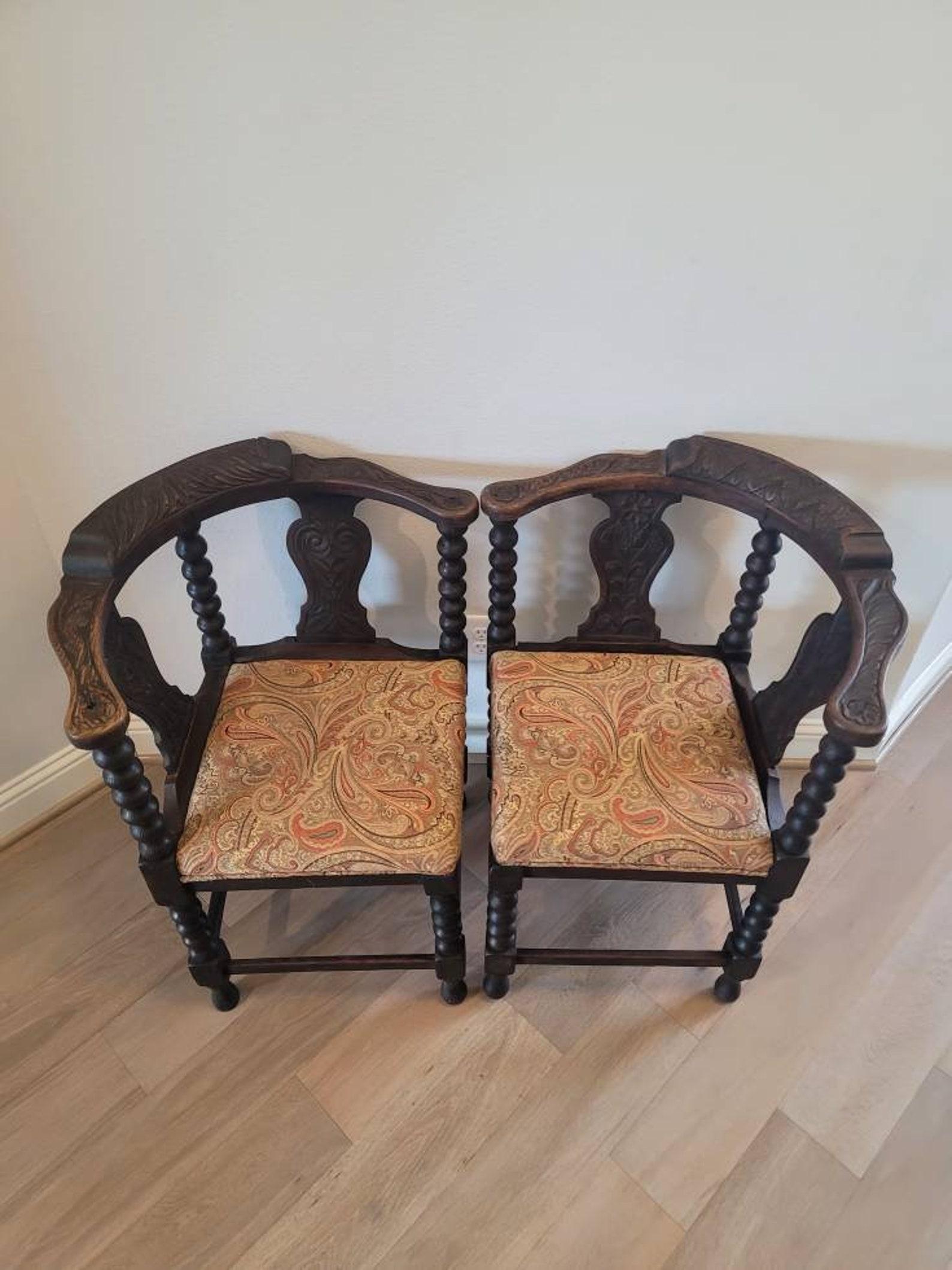 Upholstery Pair of Antique European Carved Oak Corner Chairs For Sale