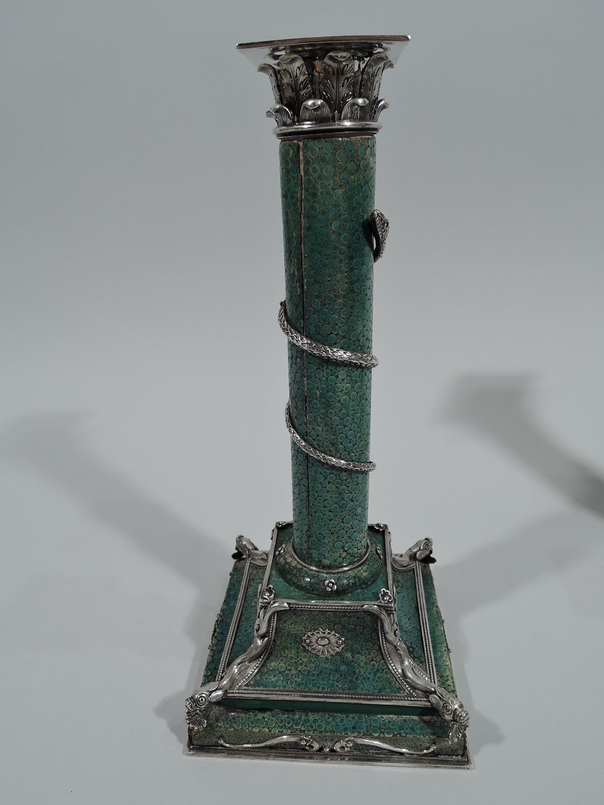 Neoclassical Pair of Antique European Shagreen and Silver Candlesticks