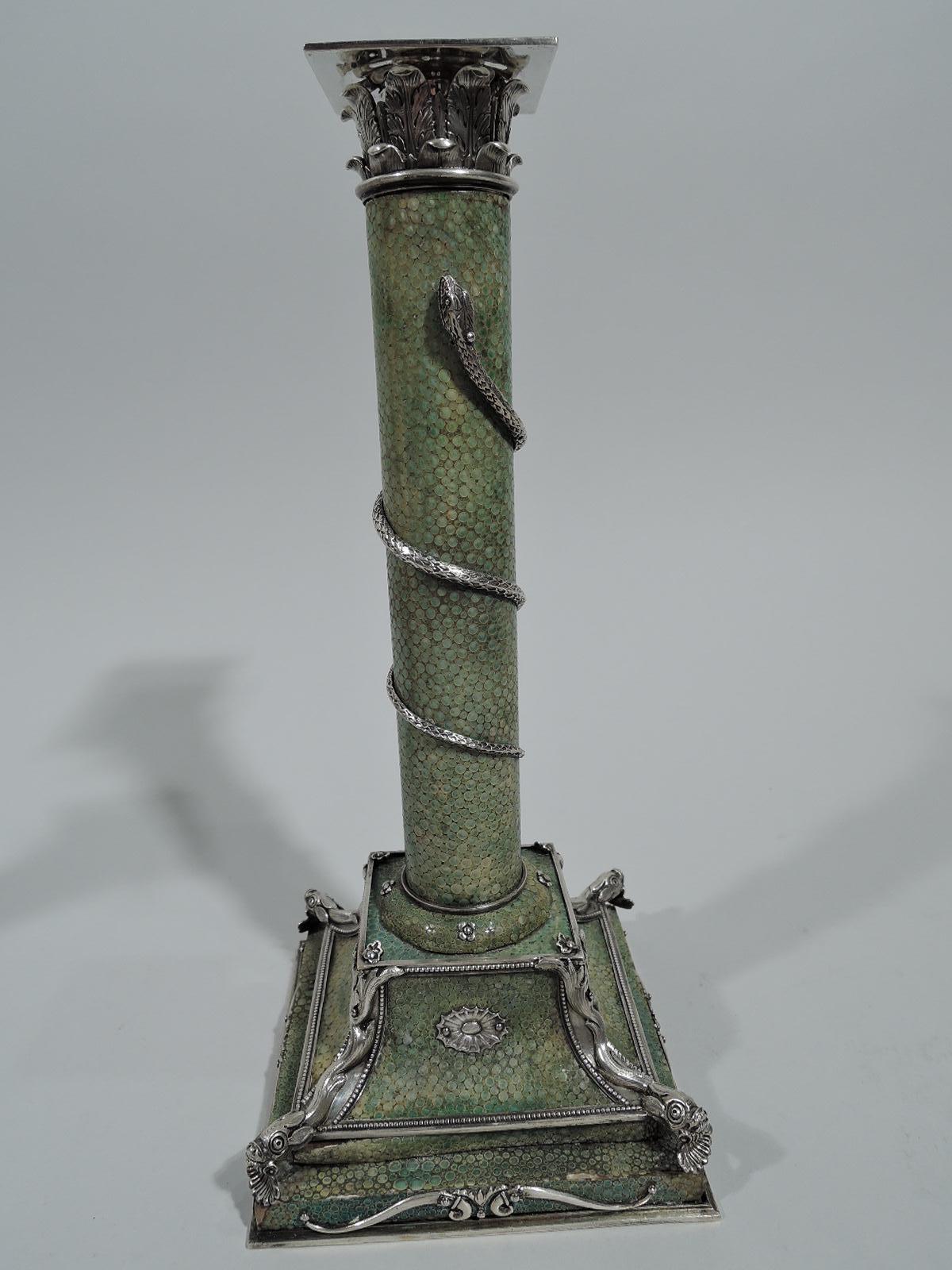 Pair of Antique European Shagreen and Silver Candlesticks In Good Condition In New York, NY