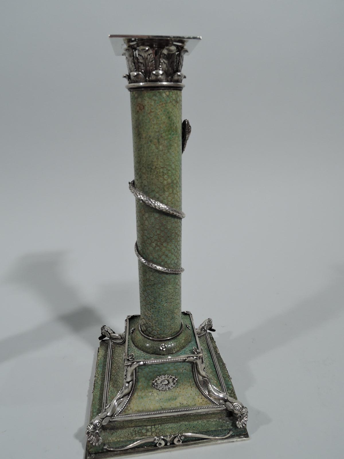19th Century Pair of Antique European Shagreen and Silver Candlesticks