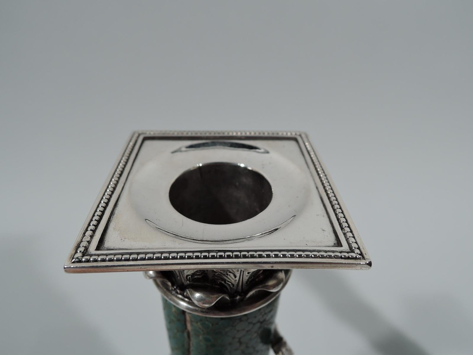 Pair of Antique European Shagreen and Silver Candlesticks 1