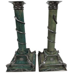 Pair of Antique European Shagreen and Silver Candlesticks