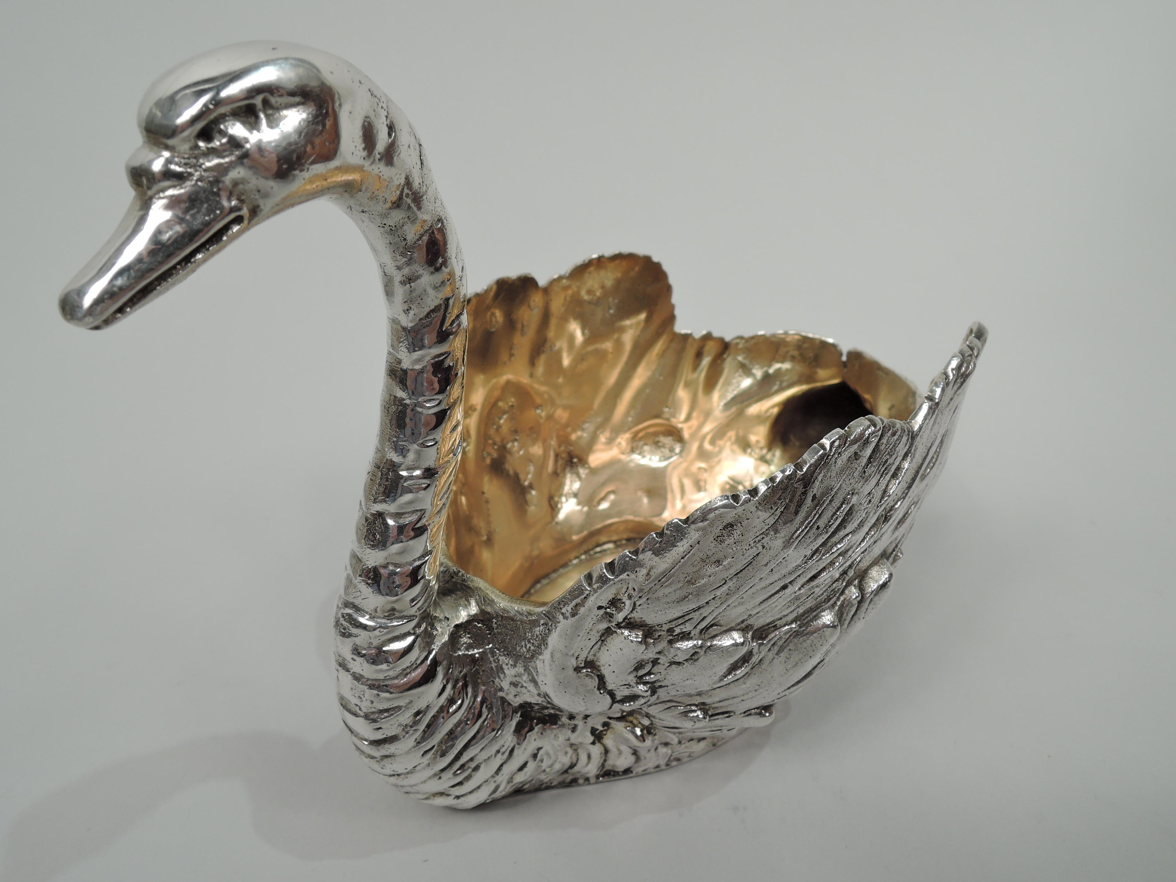 Pair of European 900 silver figural bird bowls, circa 1900. Each: Swan with plumy wings and tail and ringed S-scroll neck with graceful head terminating in long and closed bill. Hollow gilt-washed interior for holding treats. Marked. Heavy total