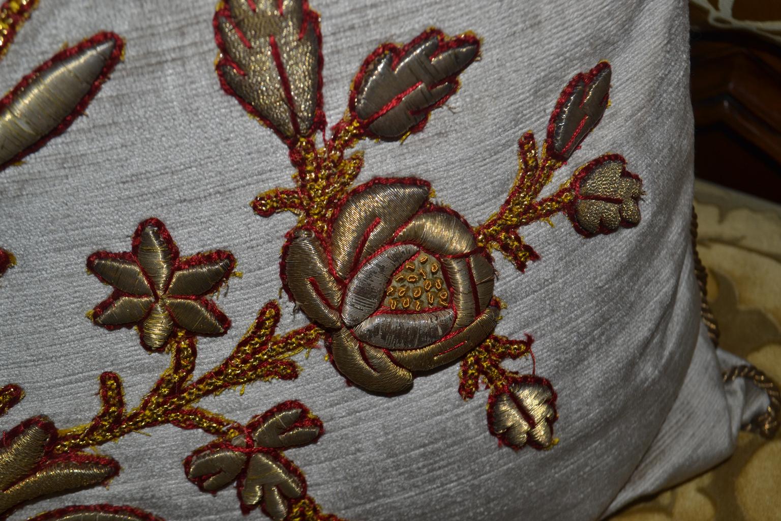 Embroidered Pair of Antique European Trimmed Down Filled Pillow