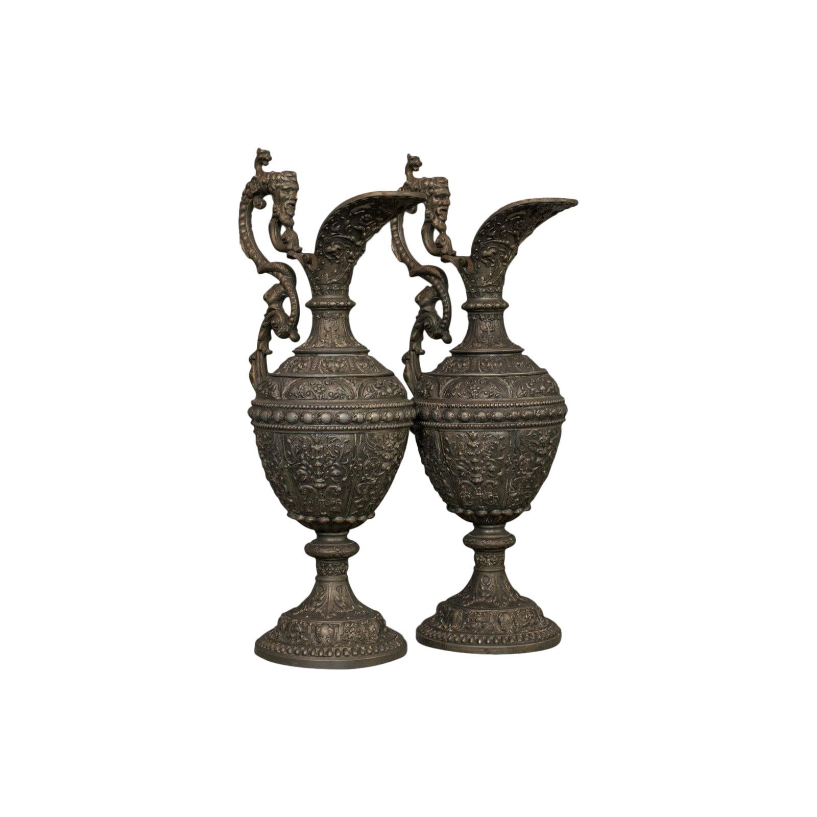 Pair of, Antique Ewers, Classical Taste, French, Bronze Spelter, Jug, Pitcher