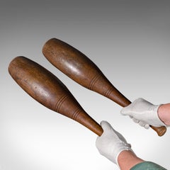 Pair Of Antique Exercise Clubs, English, Weighted Beech, Fitness Aid, Circa 1920