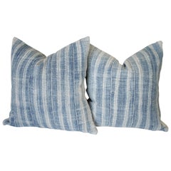 Pair of Vintage Faded Blue Indigo Stripe African Mudcloth Pillows
