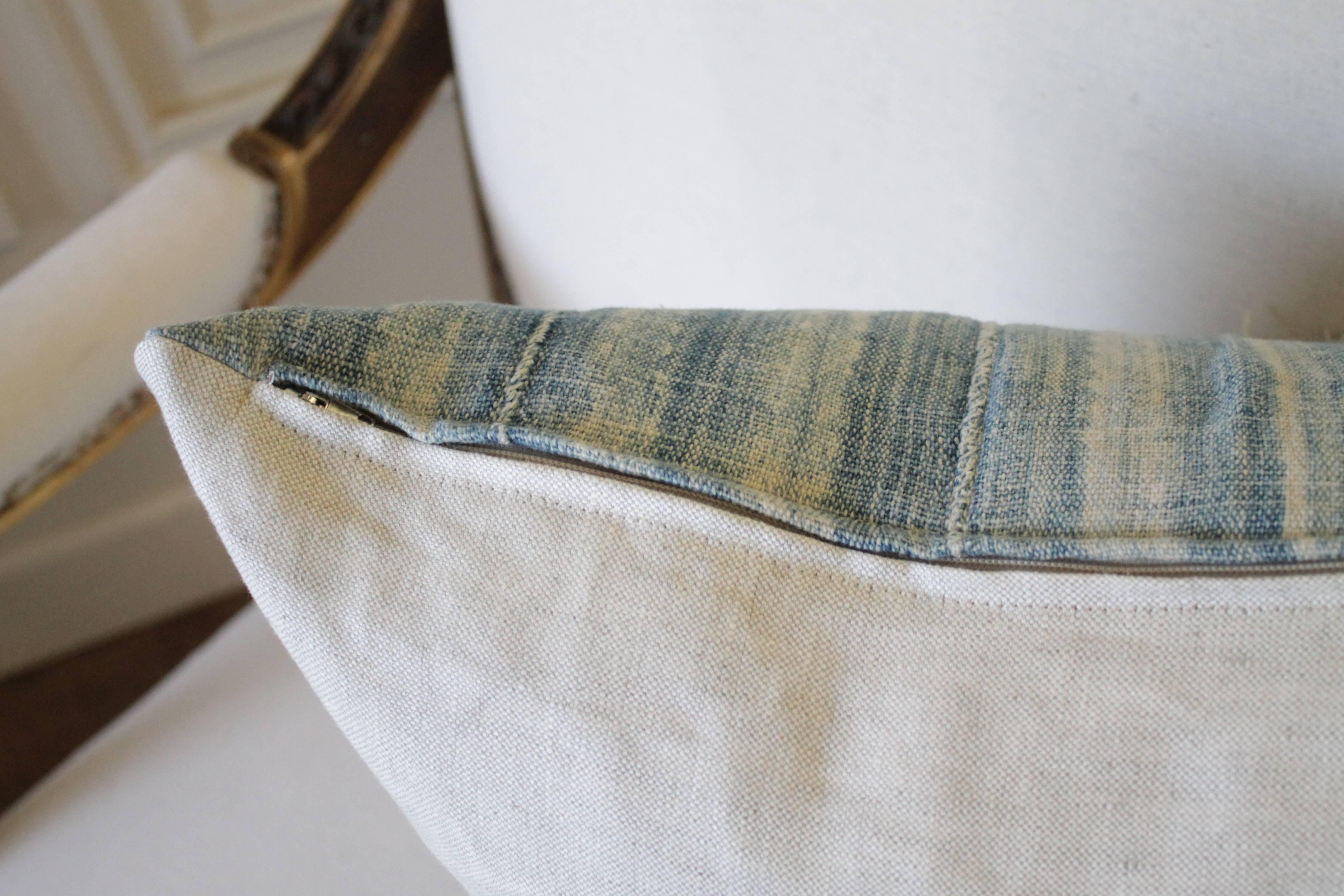 Mid-20th Century Pair of Antique Faded Blue Indigo Stripe African Mudcloth Pillows with Fringe