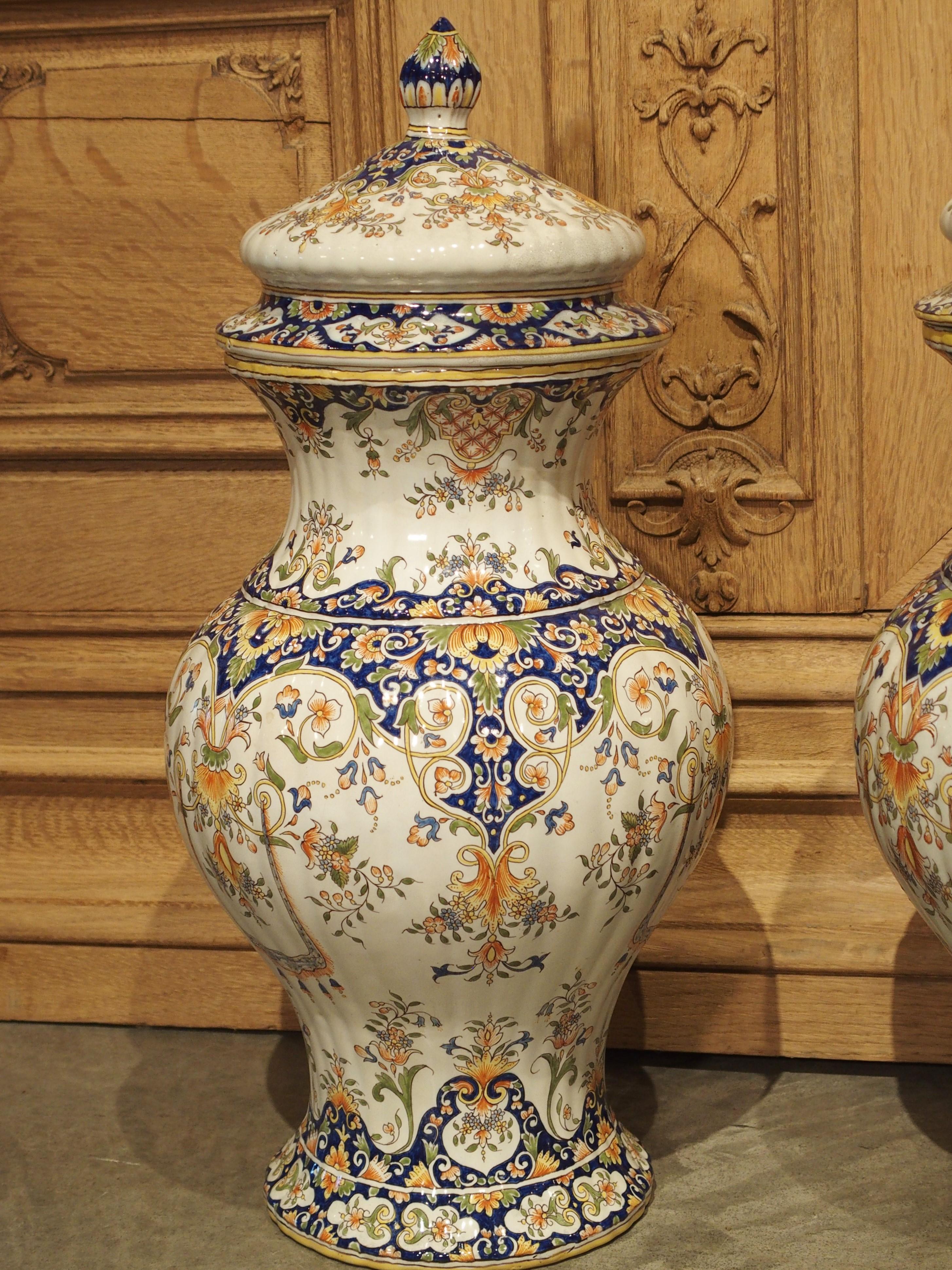 Pair of Antique Faience Lidded Urns from Desvres, France, Circa 1880 5