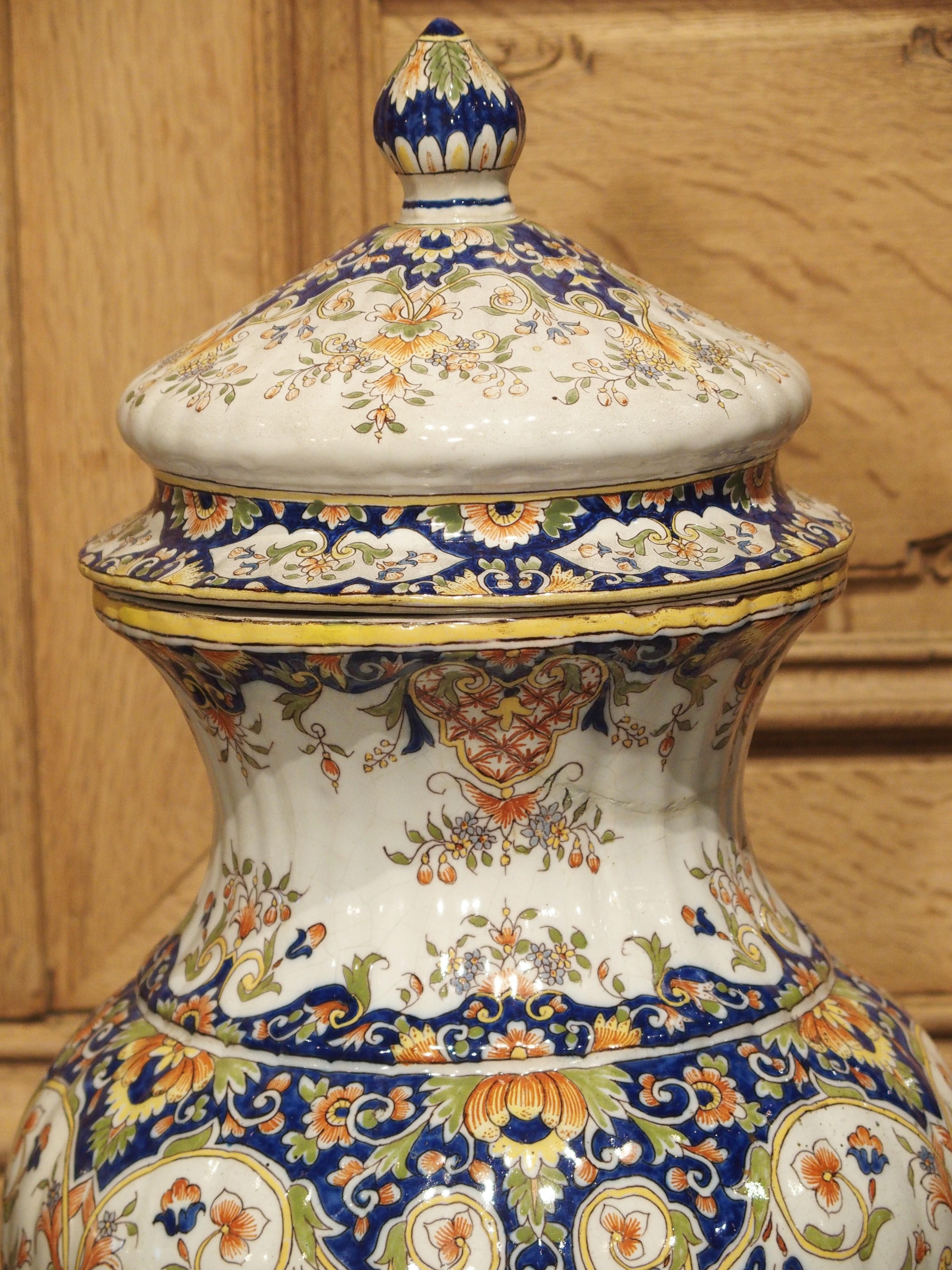 Pair of Antique Faience Lidded Urns from Desvres, France, Circa 1880 6