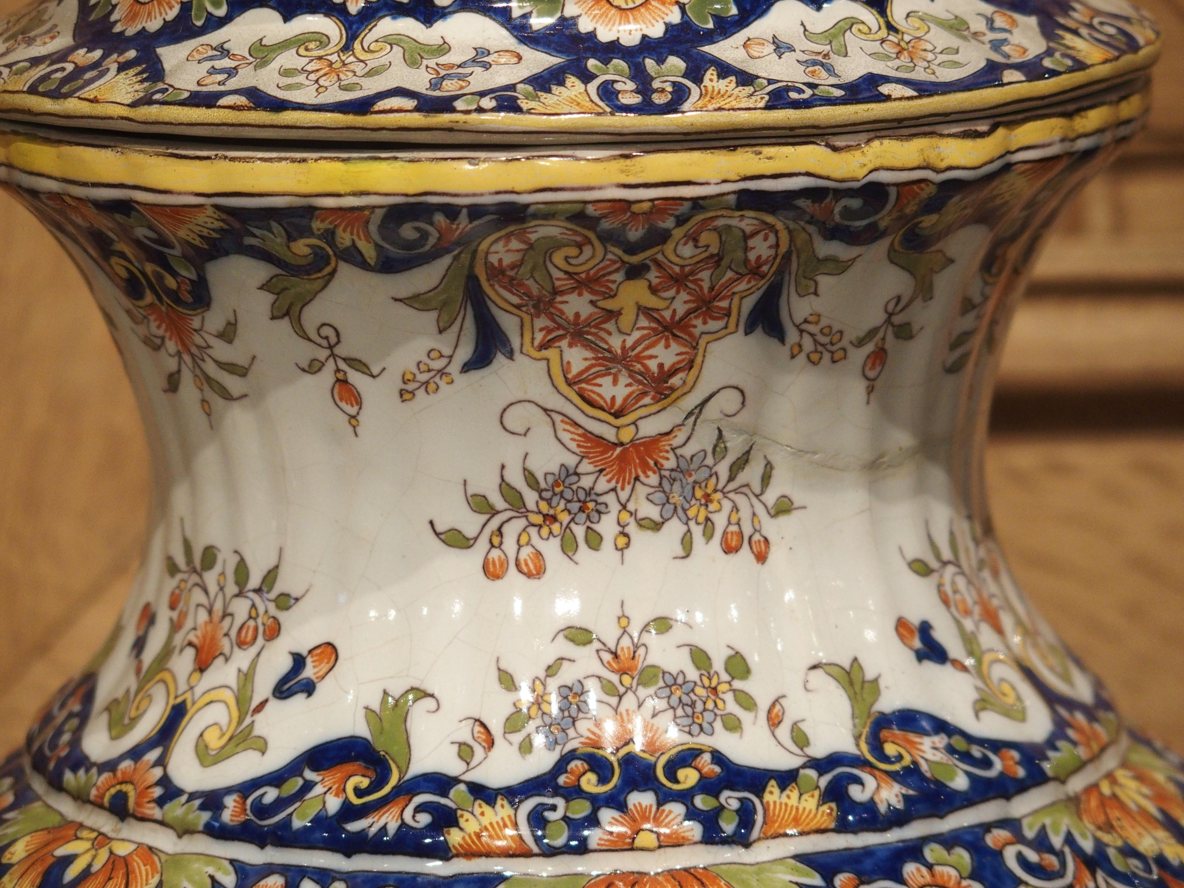 Pair of Antique Faience Lidded Urns from Desvres, France, Circa 1880 7