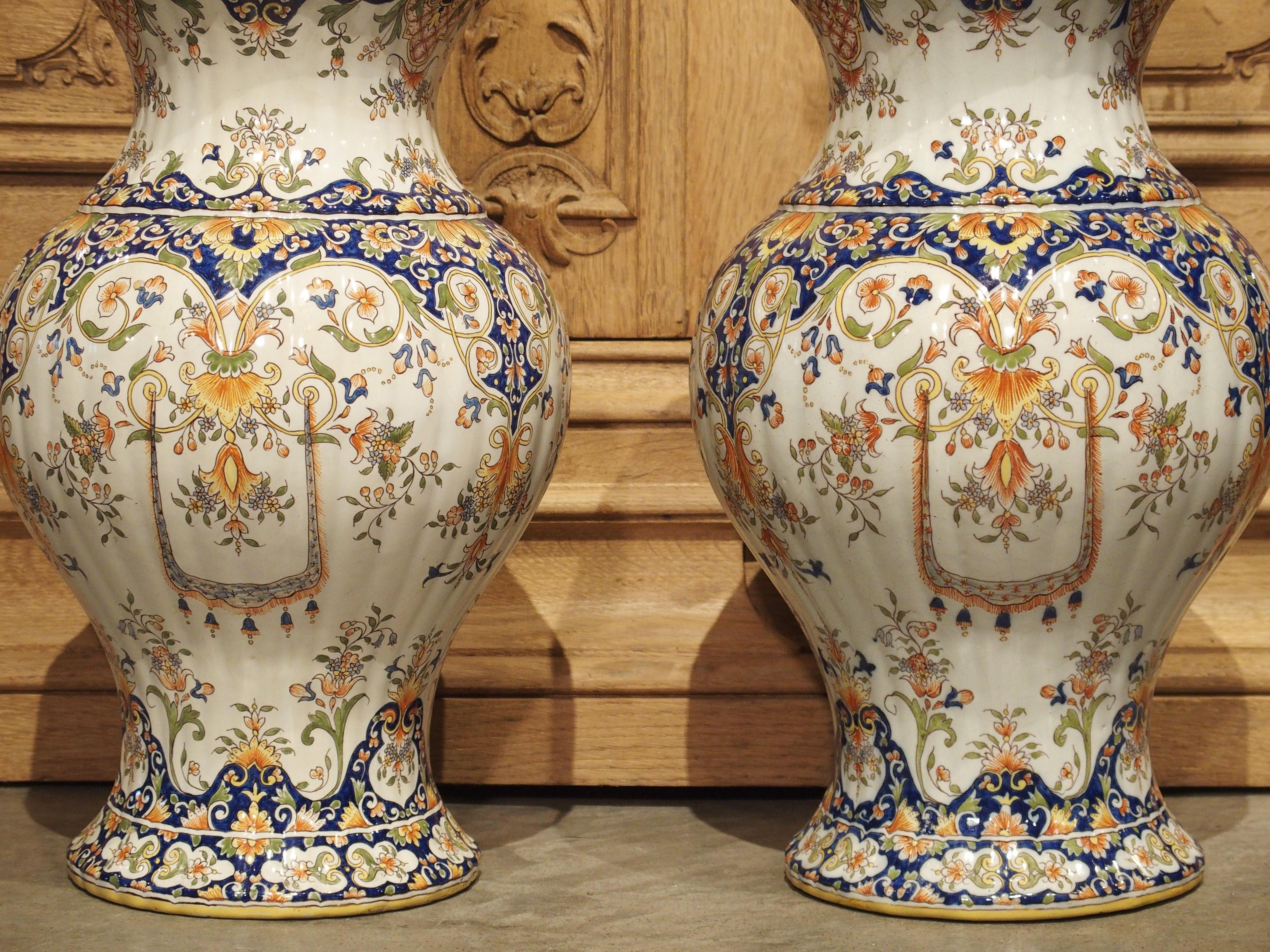 Pair of Antique Faience Lidded Urns from Desvres, France, Circa 1880 8