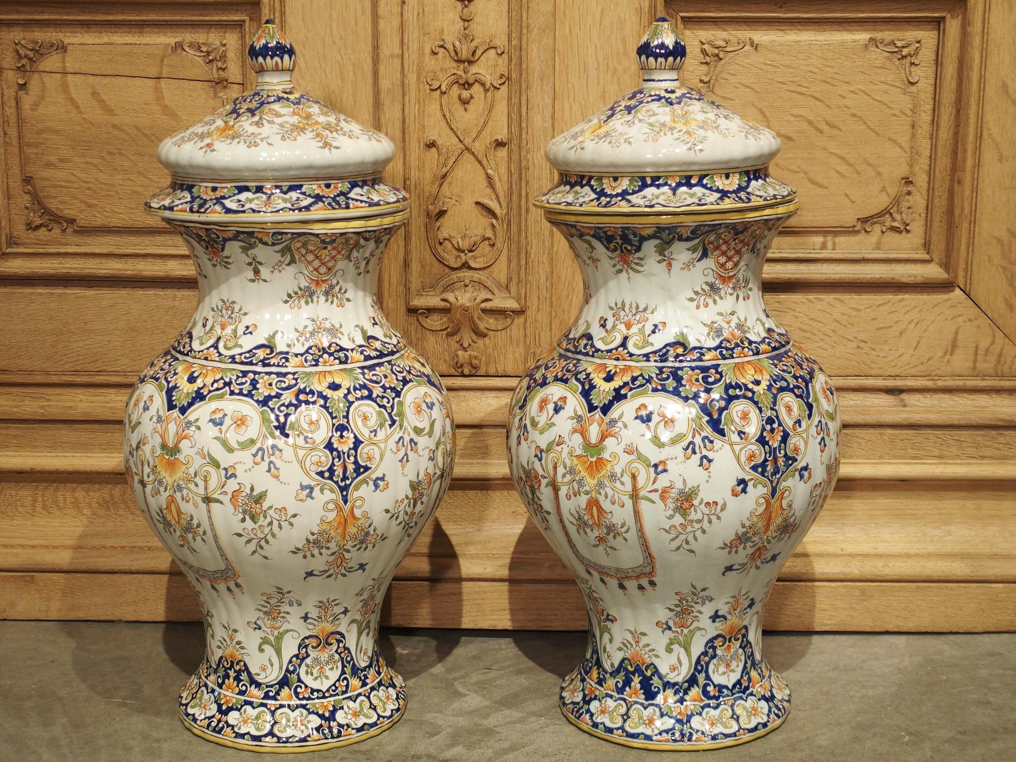 Pair of Antique Faience Lidded Urns from Desvres, France, Circa 1880 10