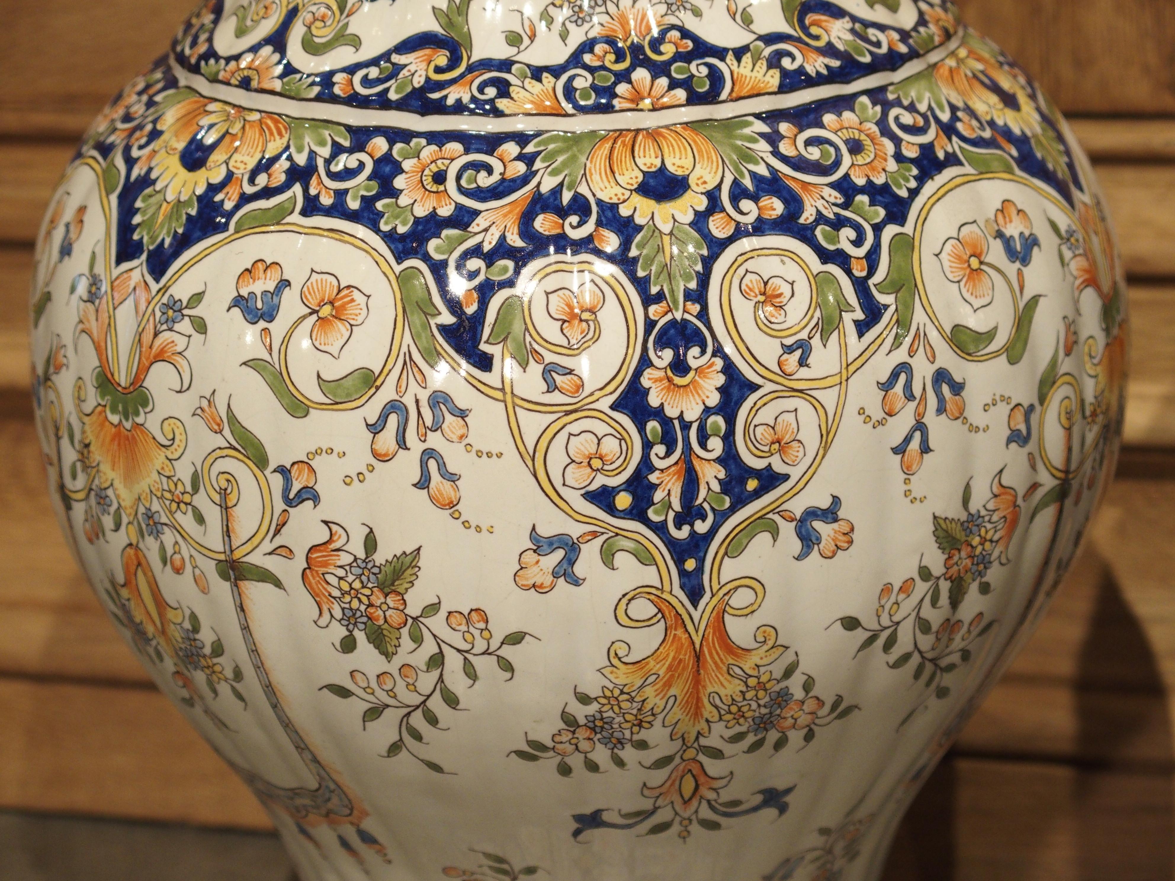 Pair of Antique Faience Lidded Urns from Desvres, France, Circa 1880 12