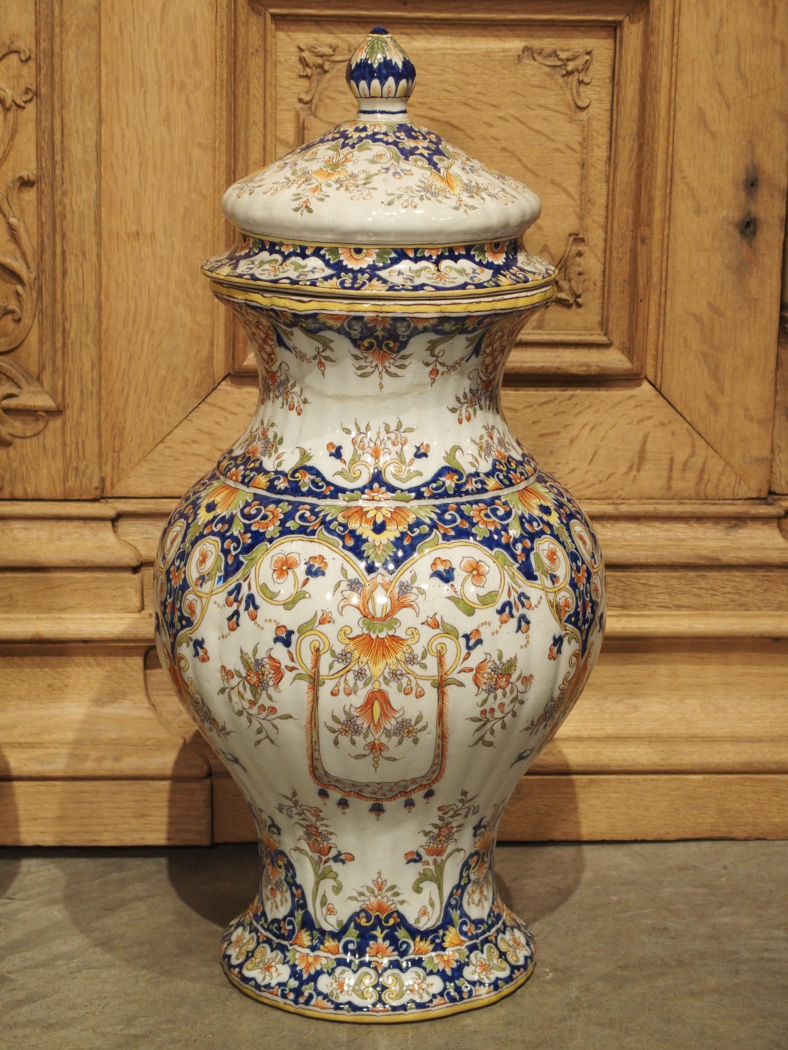 French Pair of Antique Faience Lidded Urns from Desvres, France, Circa 1880