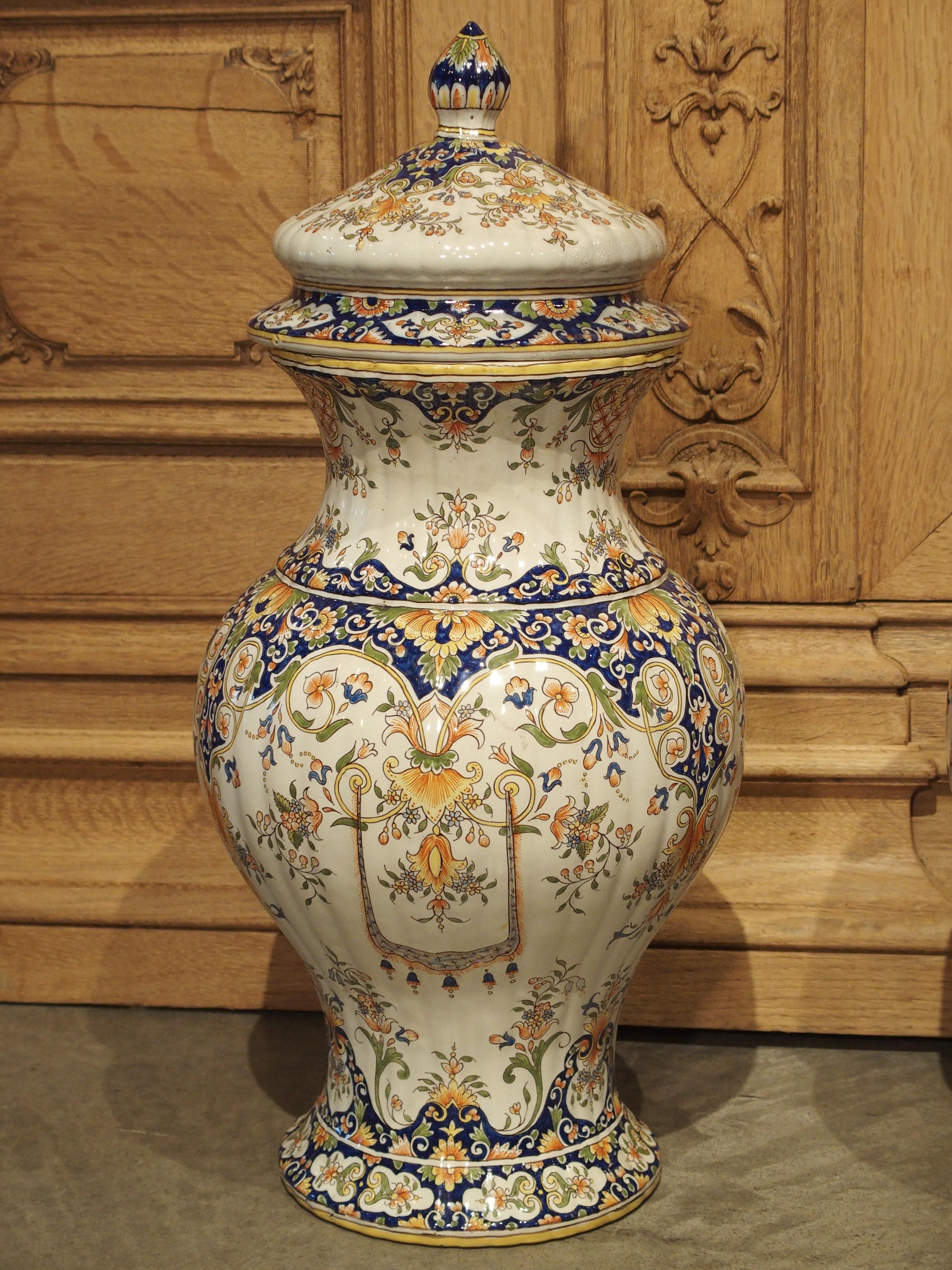 Hand-Painted Pair of Antique Faience Lidded Urns from Desvres, France, Circa 1880