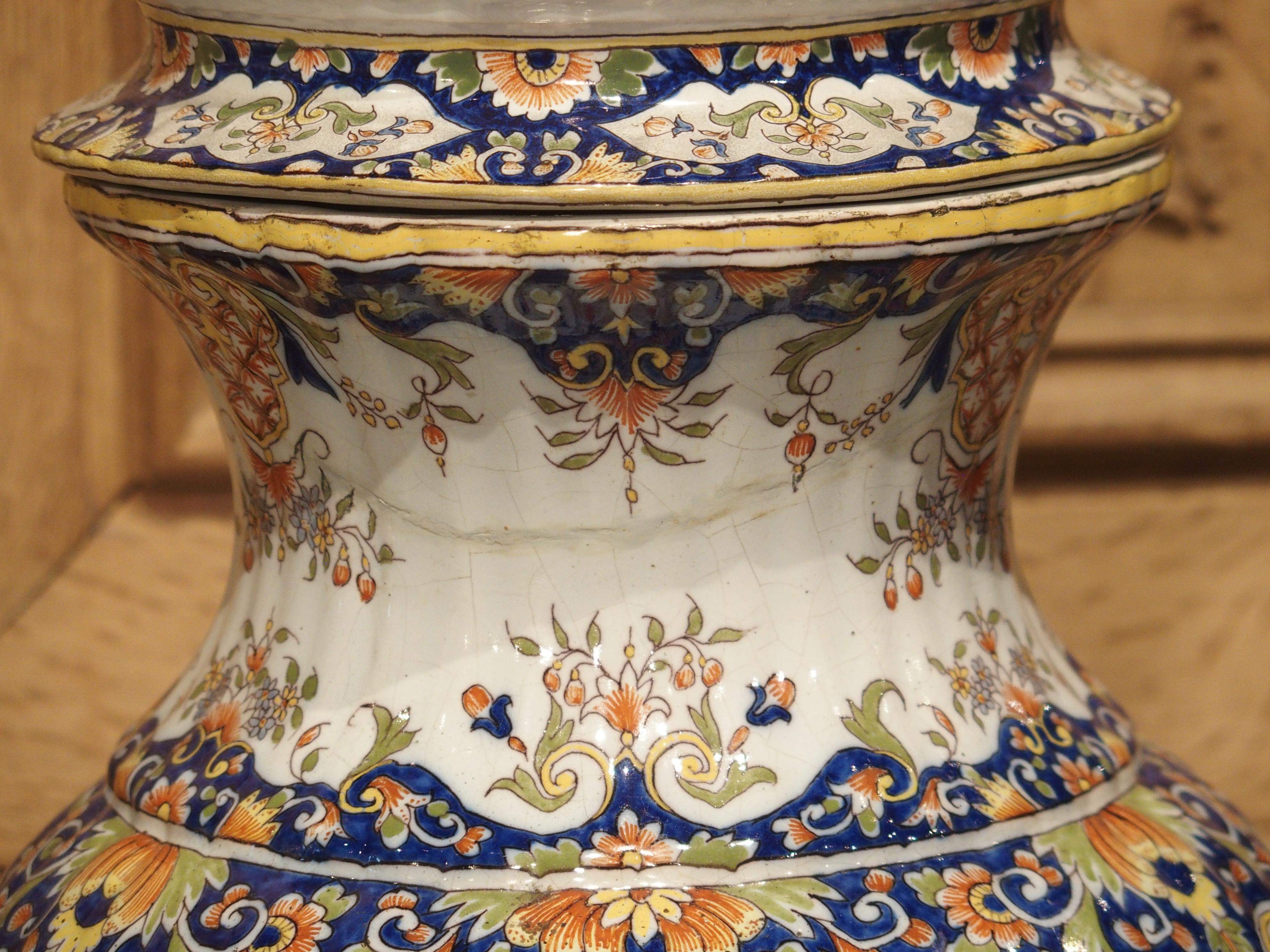 Pair of Antique Faience Lidded Urns from Desvres, France, Circa 1880 1