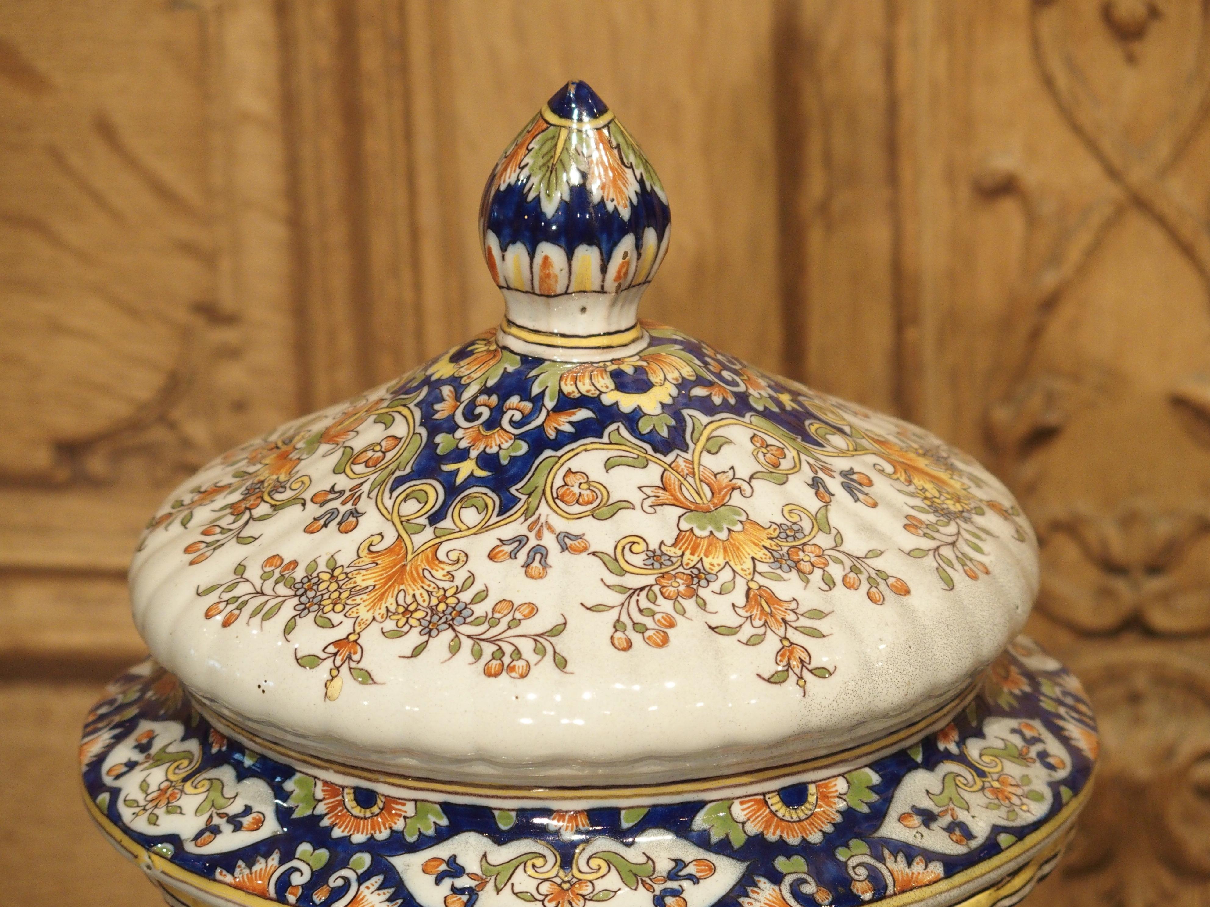 Pair of Antique Faience Lidded Urns from Desvres, France, Circa 1880 2
