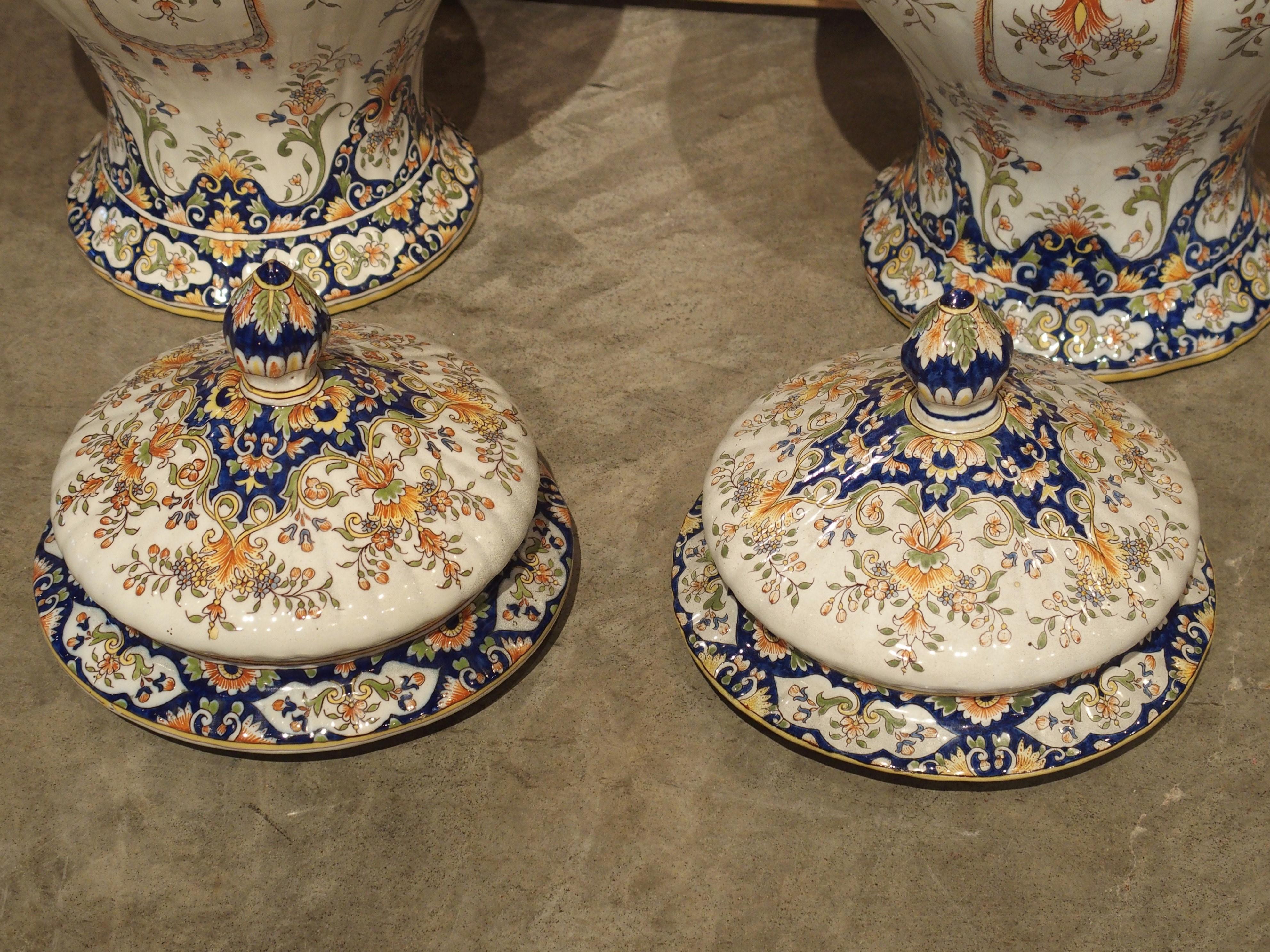 Pair of Antique Faience Lidded Urns from Desvres, France, Circa 1880 3
