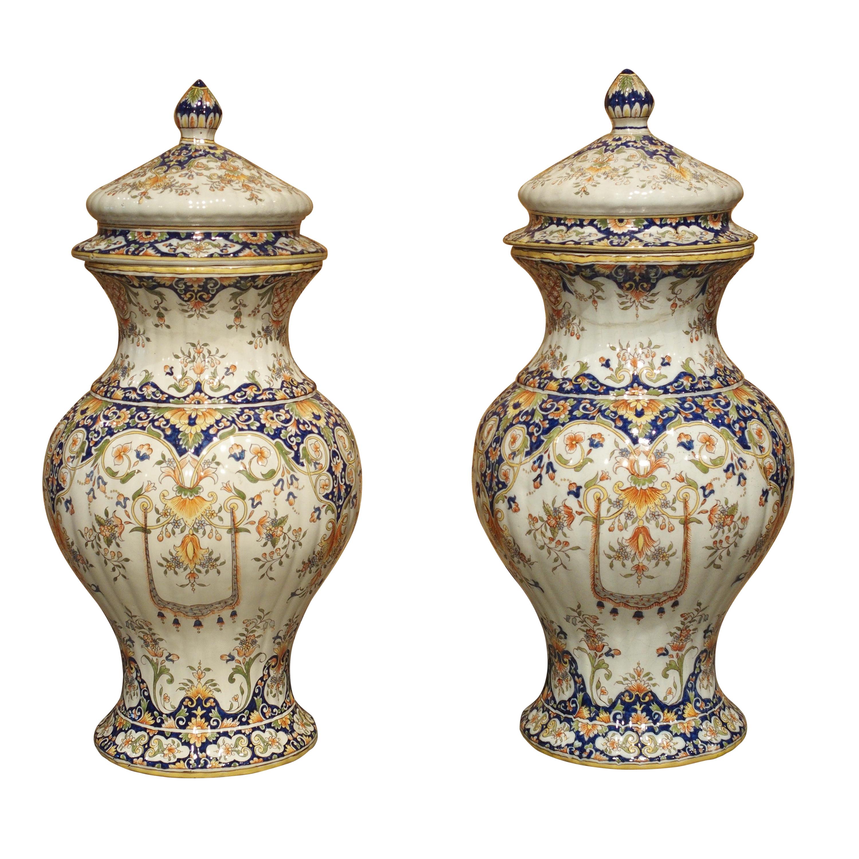 Pair of Antique Faience Lidded Urns from Desvres, France, Circa 1880