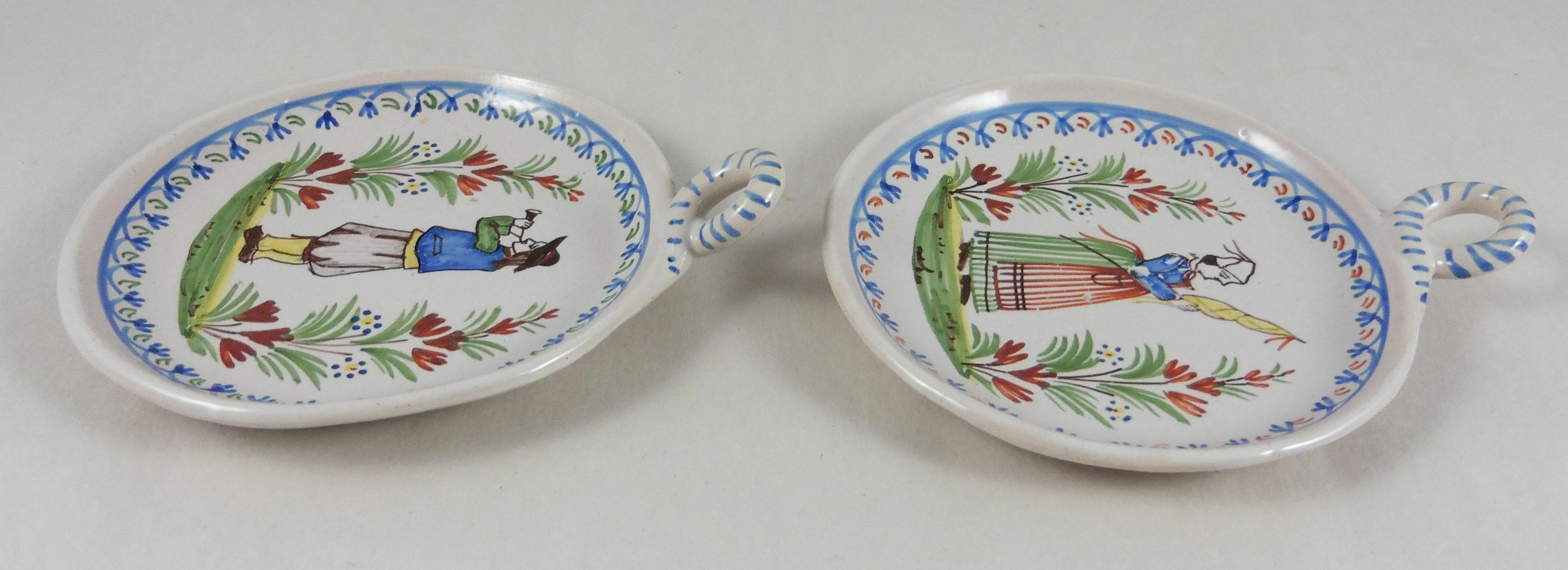 Pair of antique faience handled medallions signed 