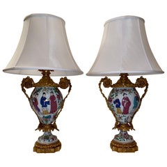 Pair of Antique Famille Rose Bronze Doré Lamps