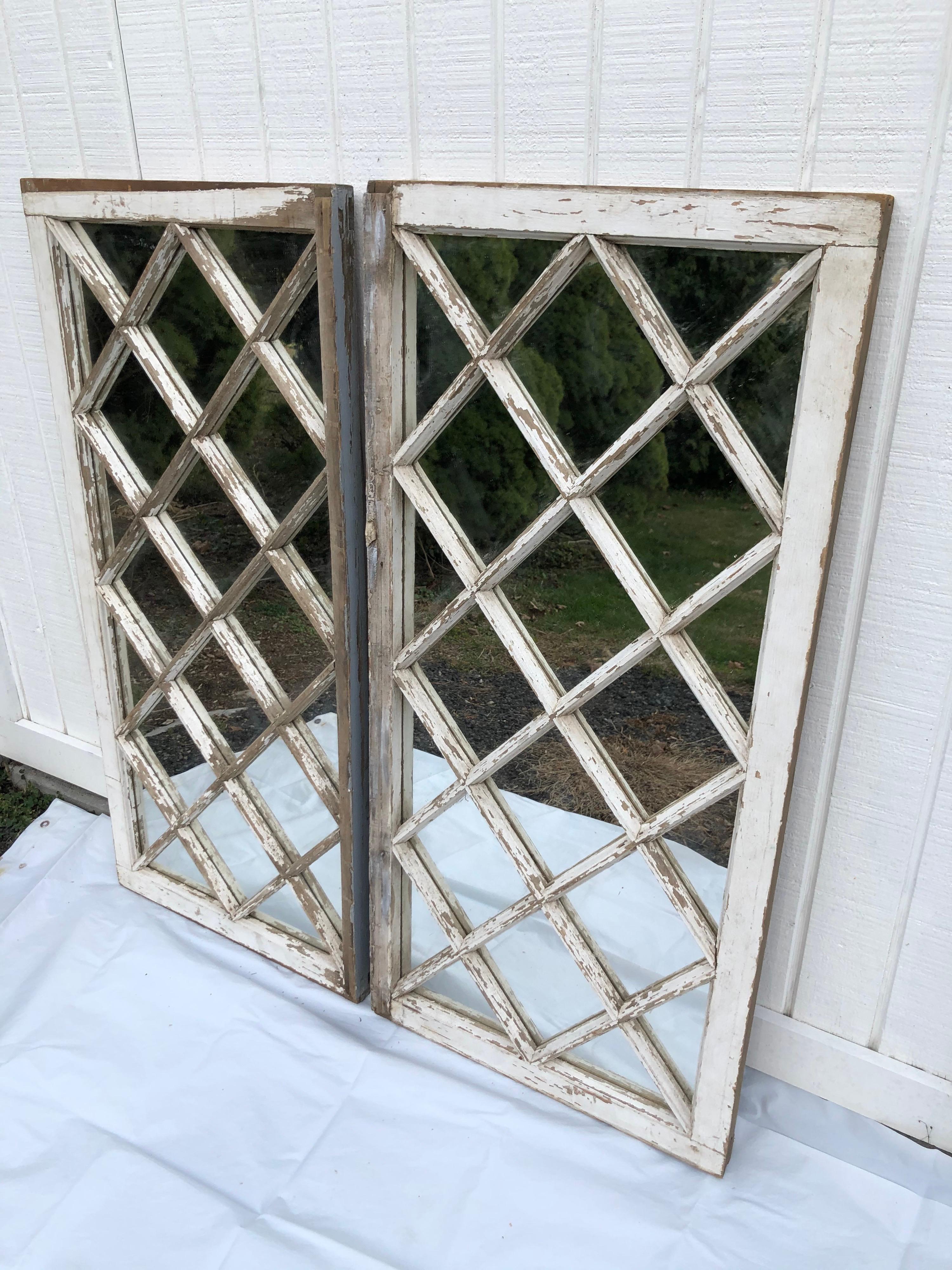 Painted Pair of Antique Farm House Shabby Chic Mirrored Windows
