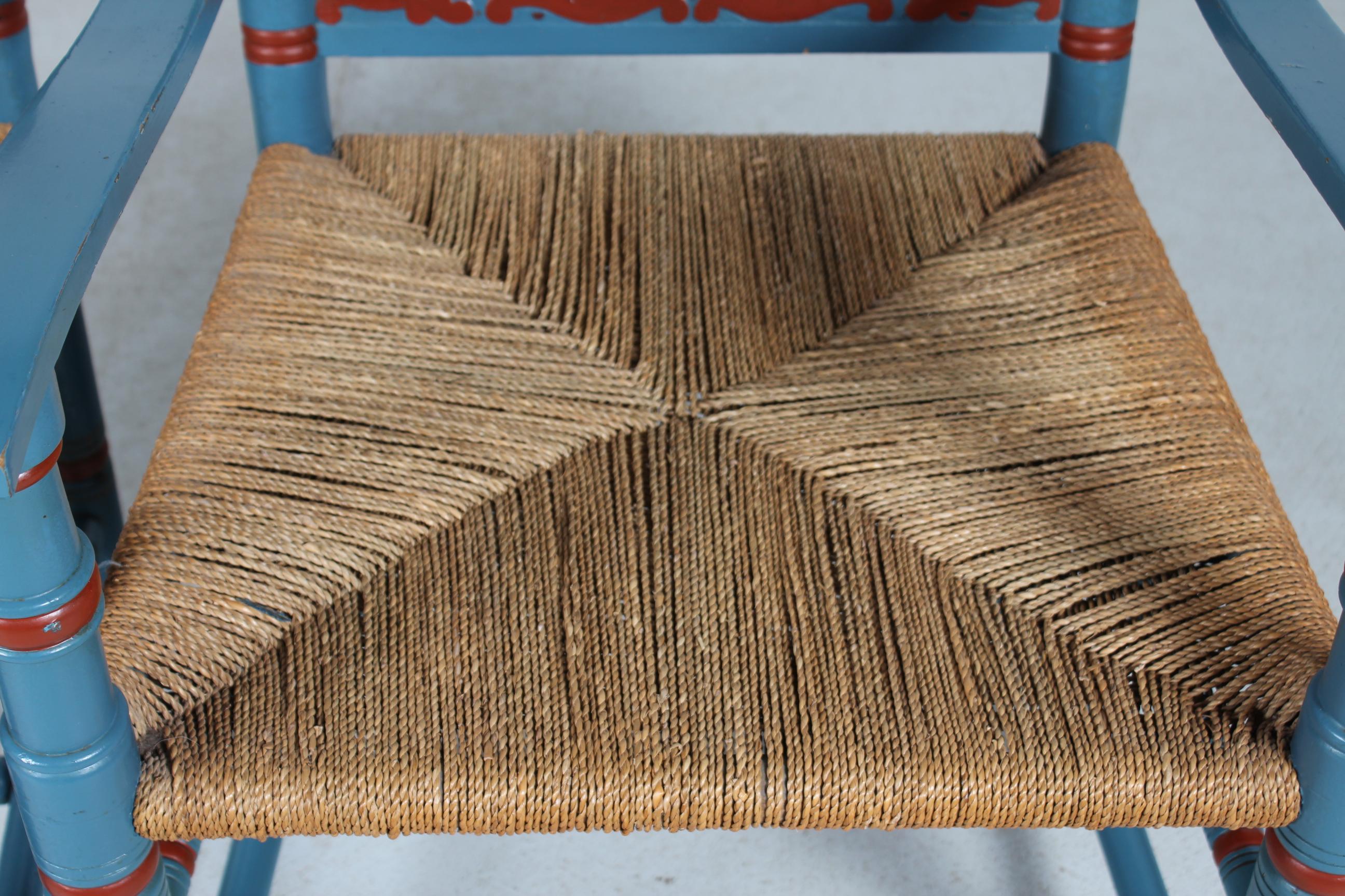 Pair of Antique Farmer Chairs of Bluepainted Wood with Cord Seats Denmark 1880s For Sale 3