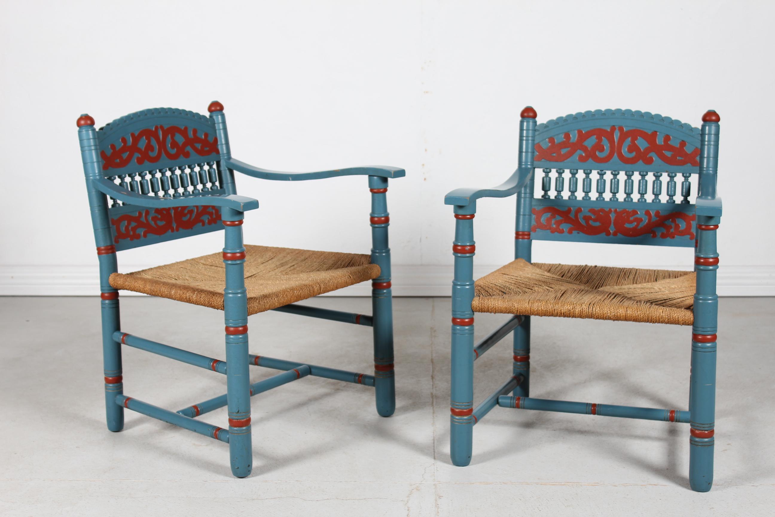 Country Pair of Antique Farmer Chairs of Bluepainted Wood with Cord Seats Denmark 1880s For Sale