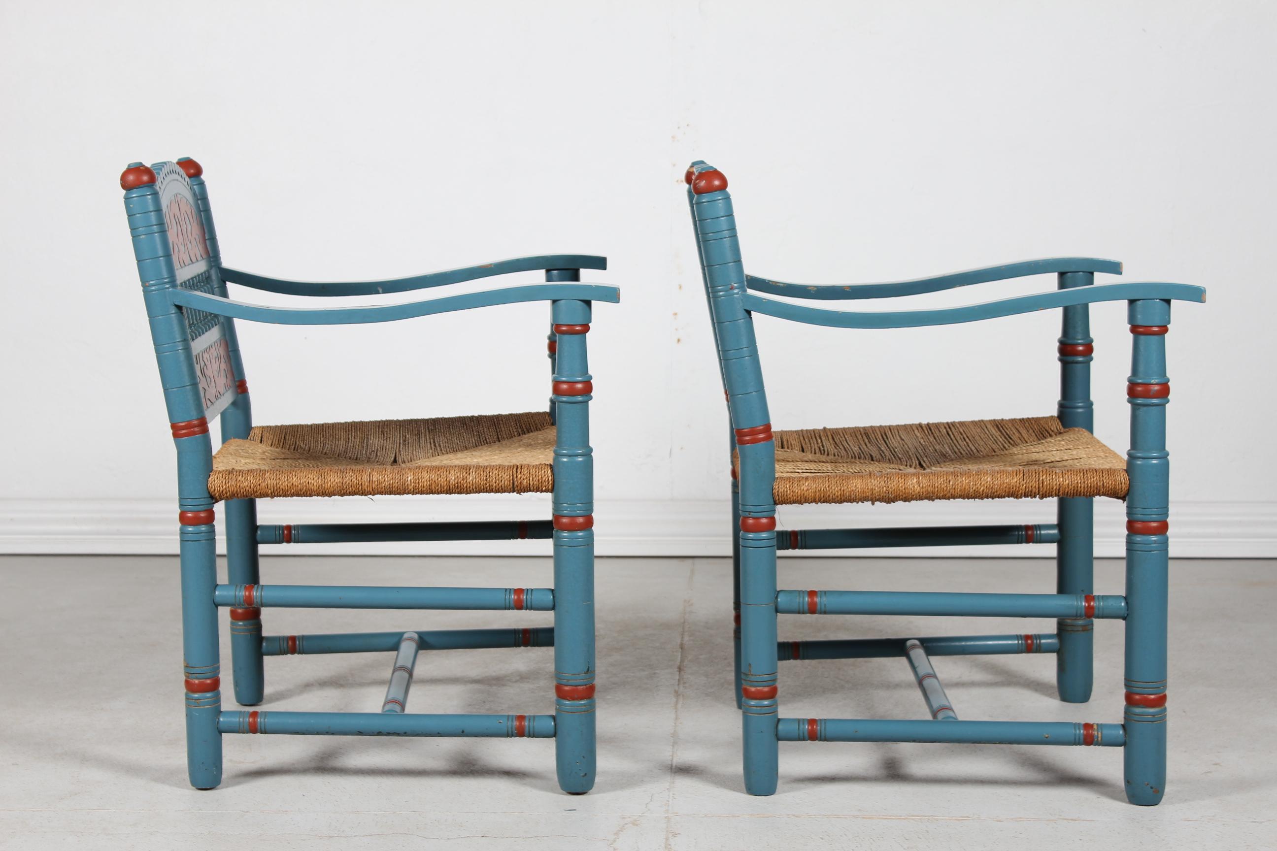 Danish Pair of Antique Farmer Chairs of Bluepainted Wood with Cord Seats Denmark 1880s For Sale