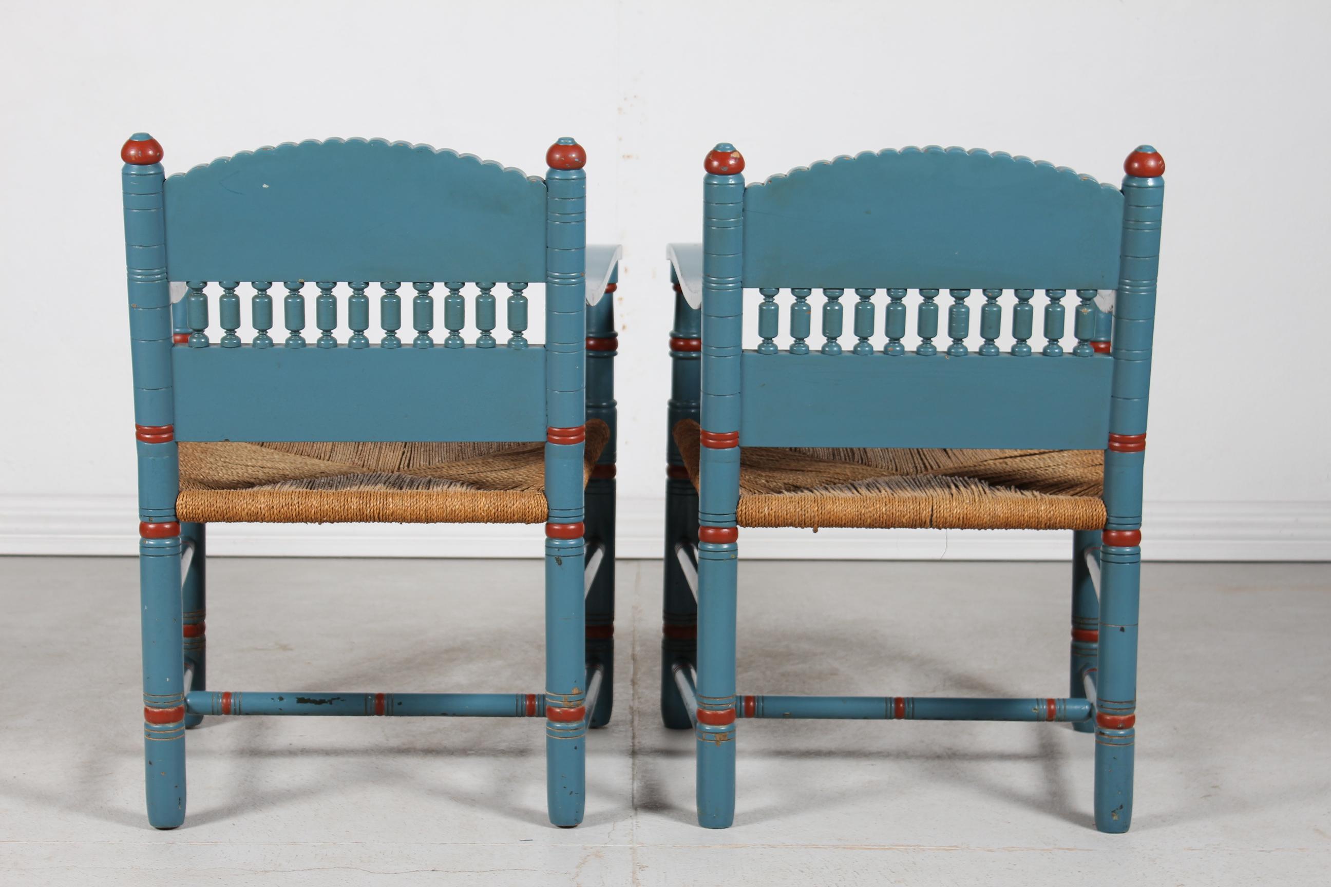 Hand-Painted Pair of Antique Farmer Chairs of Bluepainted Wood with Cord Seats Denmark 1880s For Sale