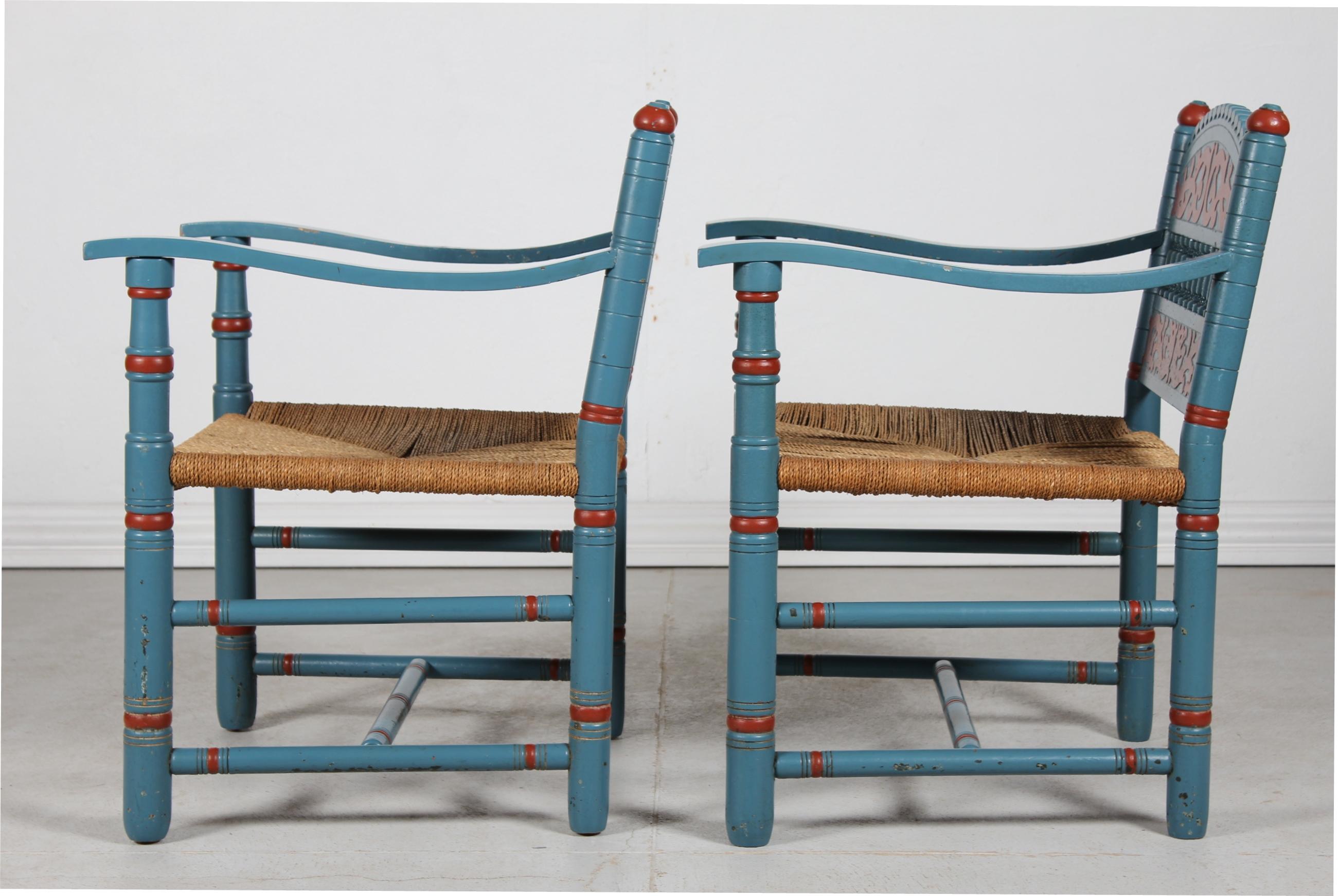 Pair of Antique Farmer Chairs of Bluepainted Wood with Cord Seats Denmark 1880s In Good Condition For Sale In Silkeborg, Silkeborg