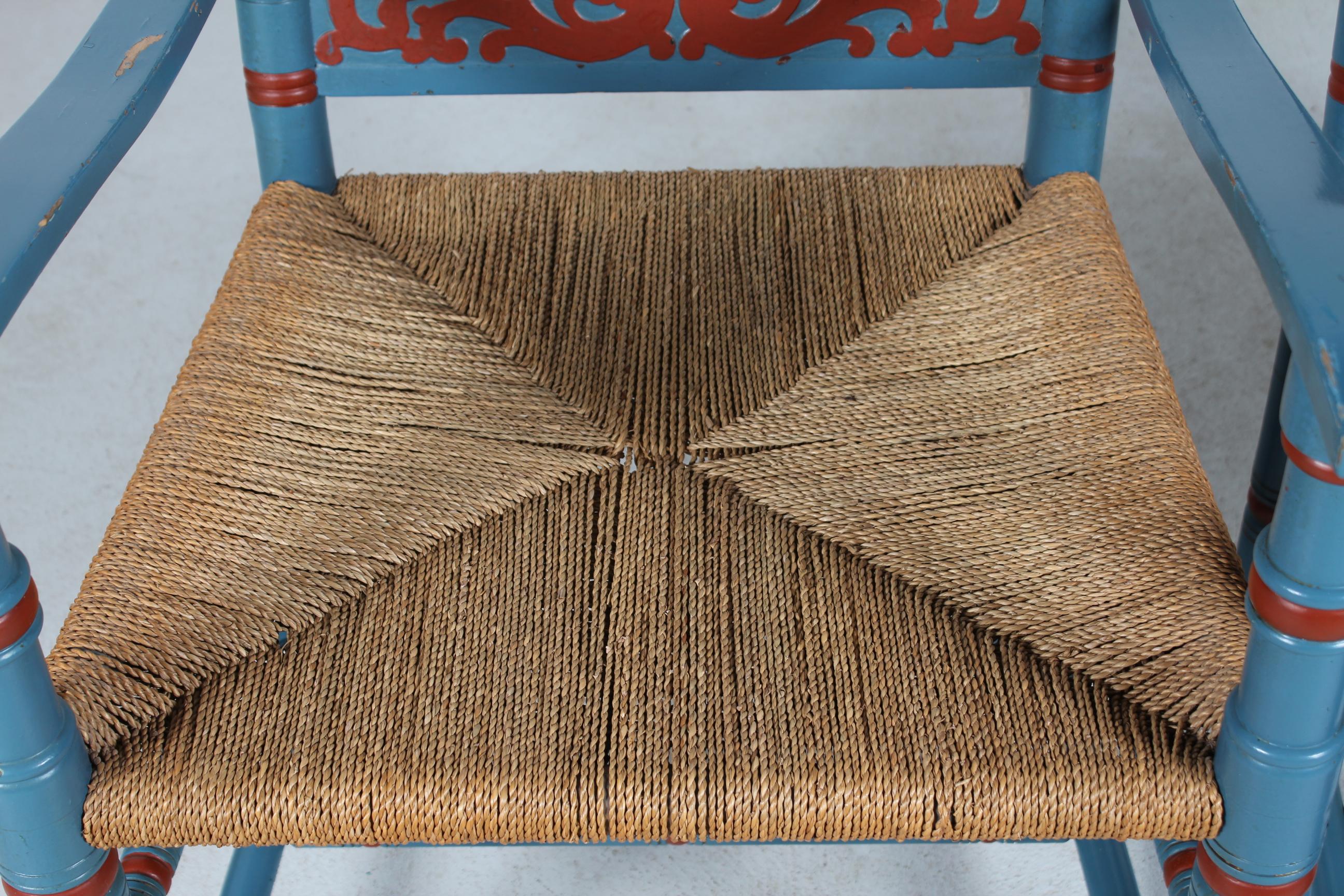 Pair of Antique Farmer Chairs of Bluepainted Wood with Cord Seats Denmark 1880s For Sale 2