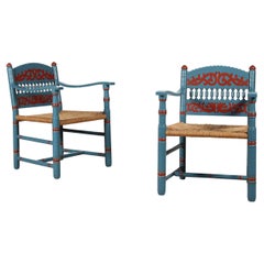 Pair of Antique Farmer Chairs of Bluepainted Wood with Cord Seats Denmark 1880s
