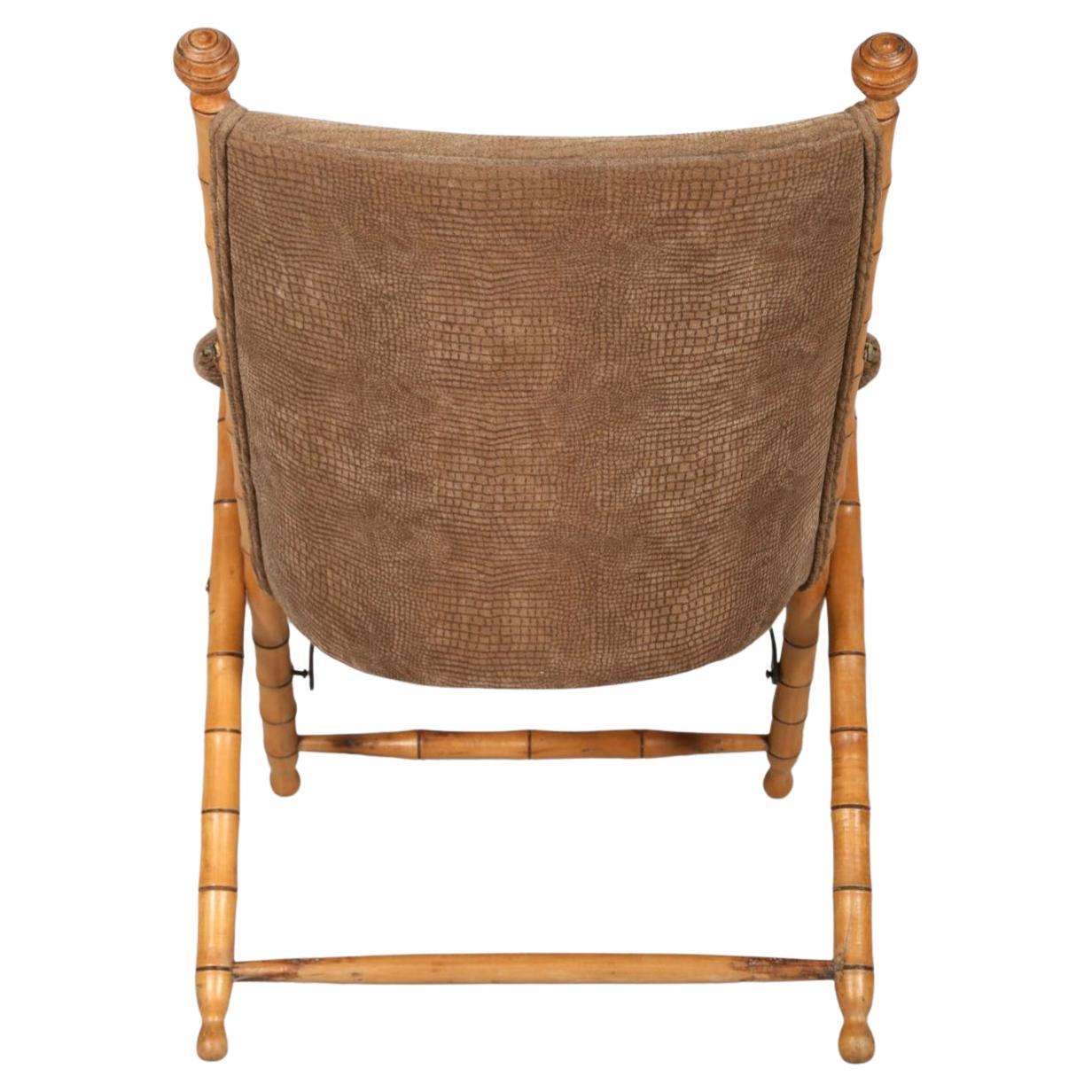 Bohemian  Pair of Antique Faux Bamboo Folding Campaign Lounge Chairs For Sale