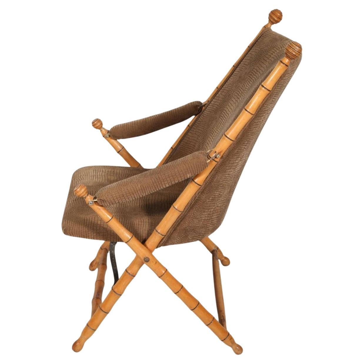 French  Pair of Antique Faux Bamboo Folding Campaign Lounge Chairs For Sale