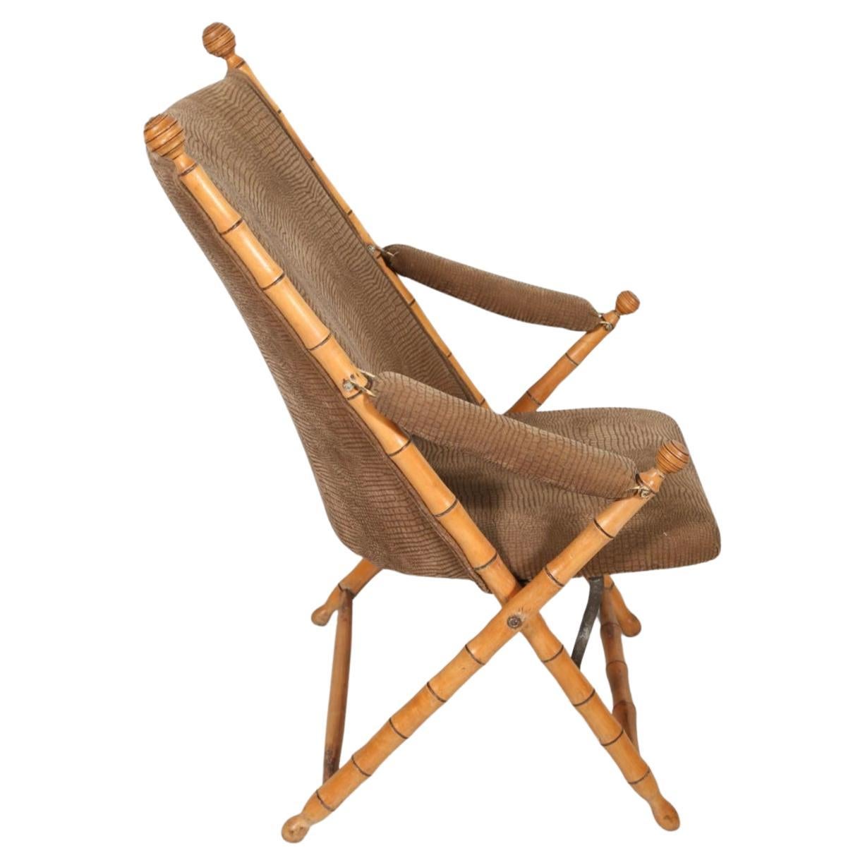 Pair of Antique Faux Bamboo Folding Campaign Lounge Chairs In Good Condition For Sale In Bradenton, FL