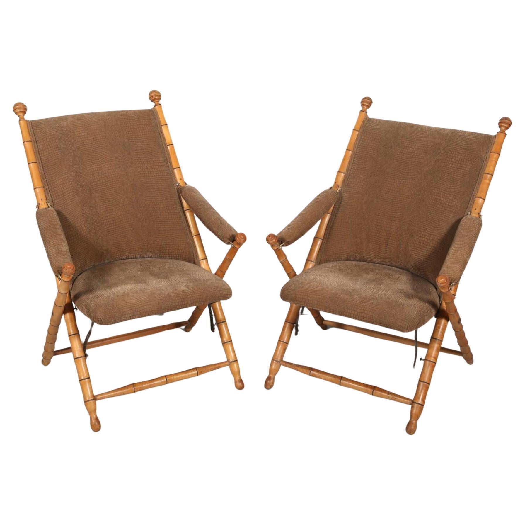 Textile  Pair of Antique Faux Bamboo Folding Campaign Lounge Chairs For Sale