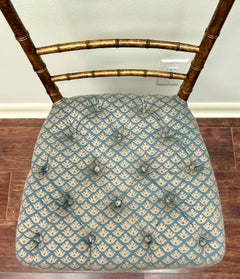 Pair of Antique Faux Bamboo Giltwood Chiavari Chairs with Fortuny Fabric Seats