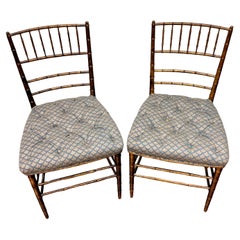 Pair of Antique Faux Bamboo Giltwood Chiavari Chairs with Fortuny Fabric Seats