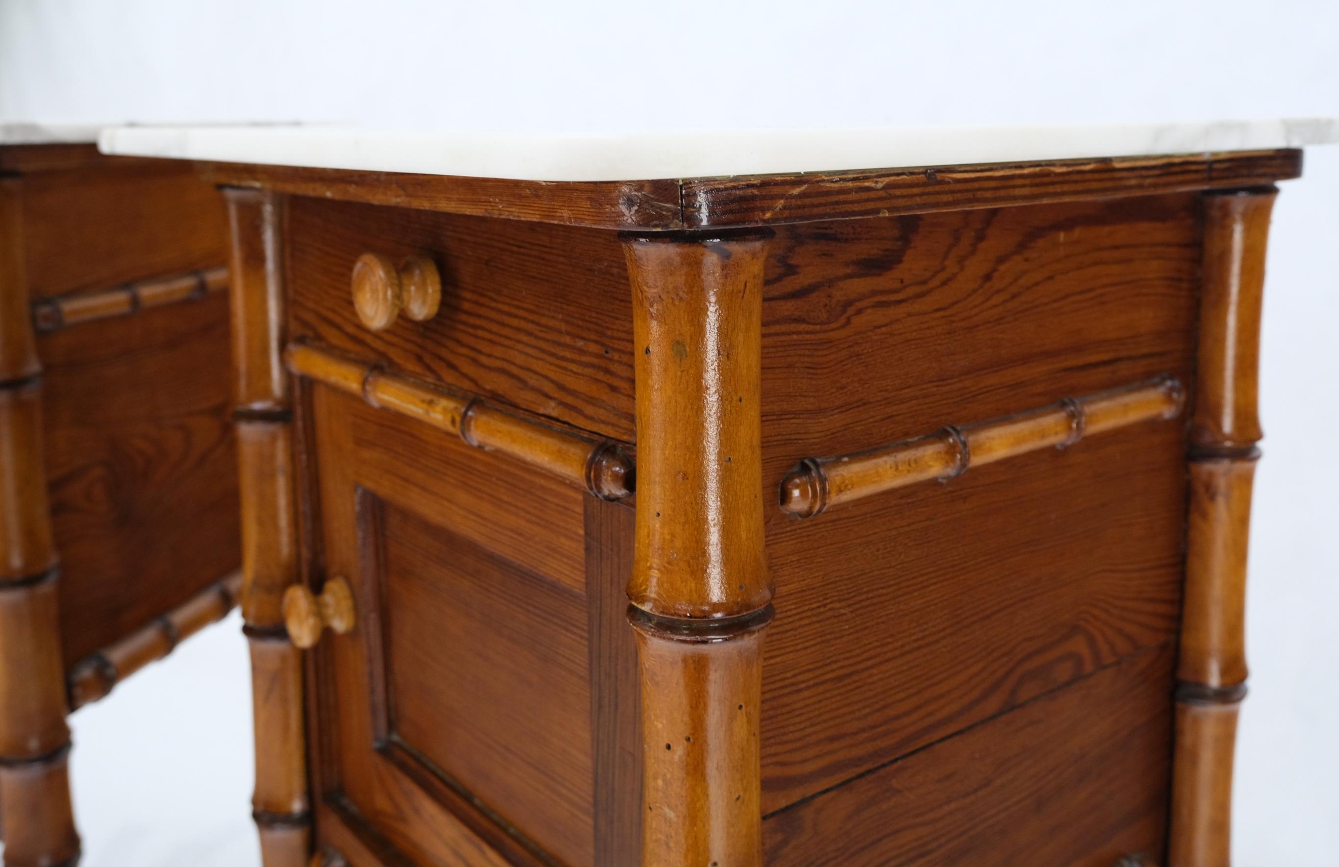 Pair of Antique Faux Bamboo Marble Top Two Tier One Door Drawer Nightstands For Sale 3