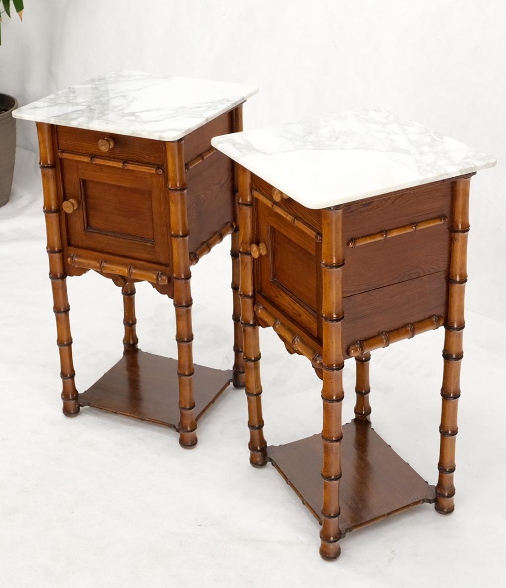 Pair of Antique Faux Bamboo Marble Top Two Tier One Door Drawer Nightstands For Sale 4