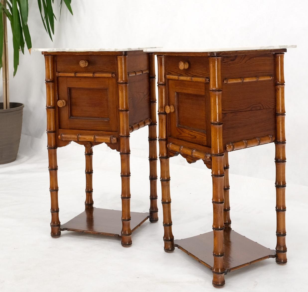 Pair of Antique Faux Bamboo Marble Top Two Tier One Door Drawer Nightstands For Sale 5