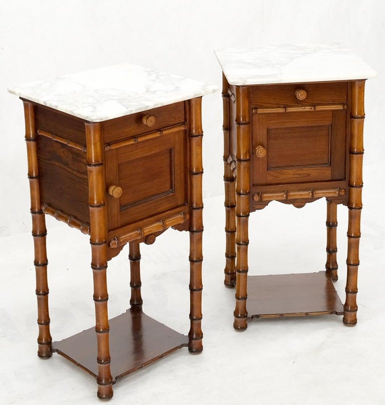 Pair of Antique Faux Bamboo Marble Top Two Tier One Door Drawer Nightstands For Sale 9