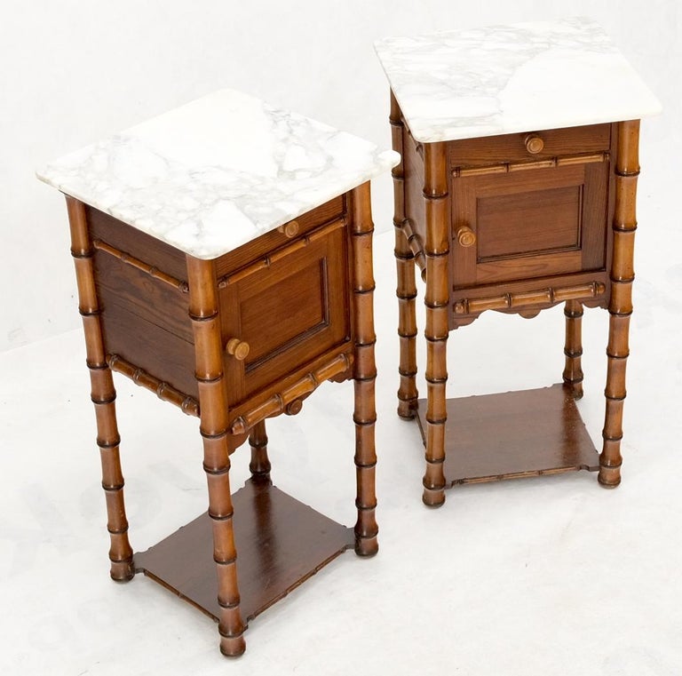 Pair of Antique Faux Bamboo Marble Top Two Tier One Door Drawer Nightstands For Sale 10