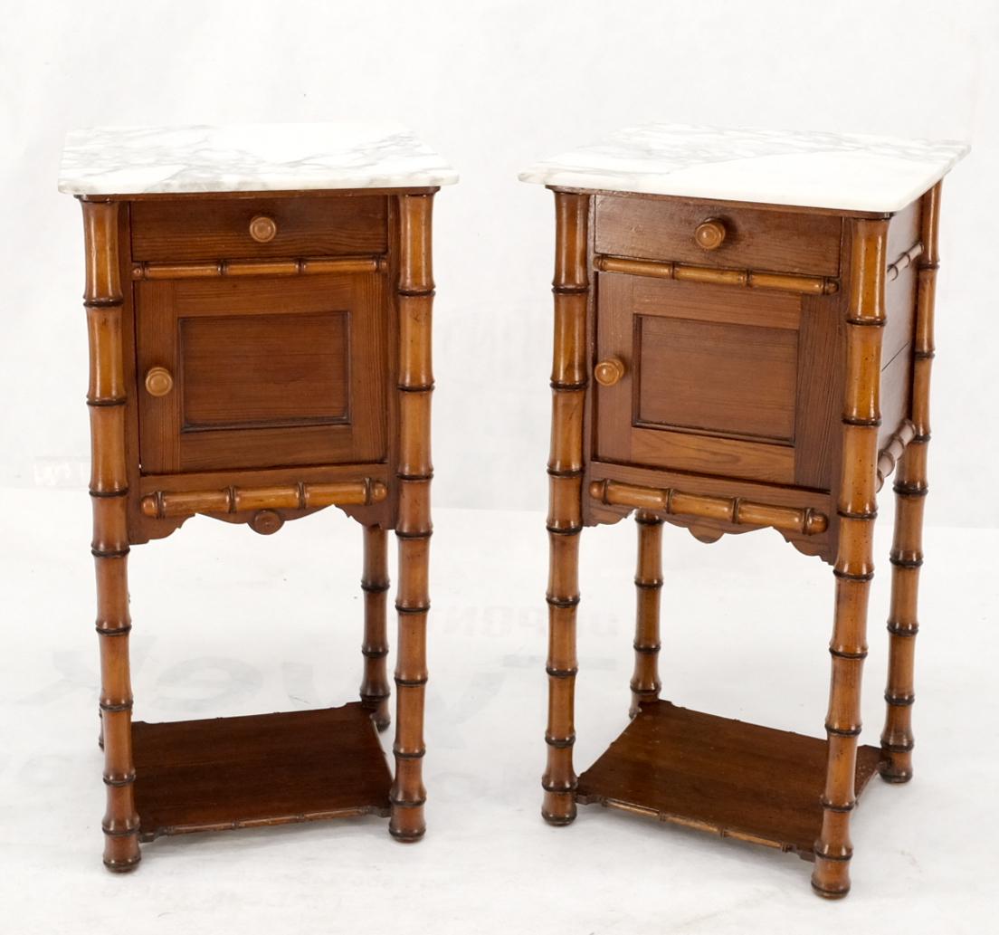 Pair of Antique Faux Bamboo Marble Top Two Tier One Door Drawer Nightstands For Sale 8