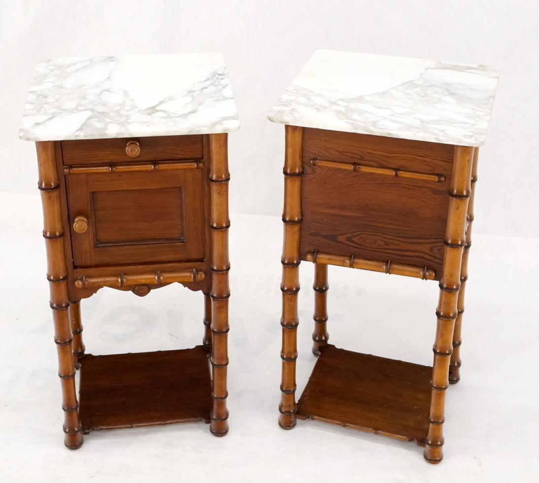 Pair of Antique Faux Bamboo Marble Top Two Tier One Door Drawer Nightstands For Sale 9