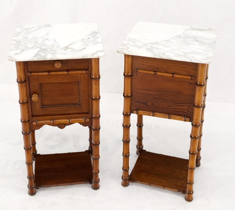 Pair of Antique Faux Bamboo Marble Top Two Tier One Door Drawer Nightstands For Sale 12