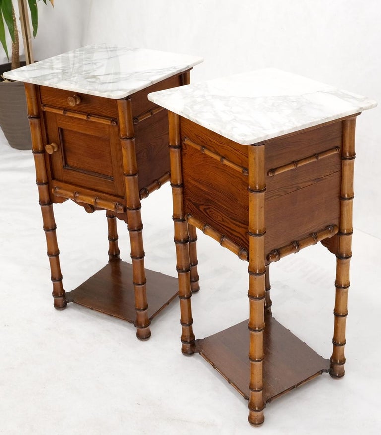 Pair of Antique Faux Bamboo Marble Top Two Tier One Door Drawer Nightstands For Sale 14