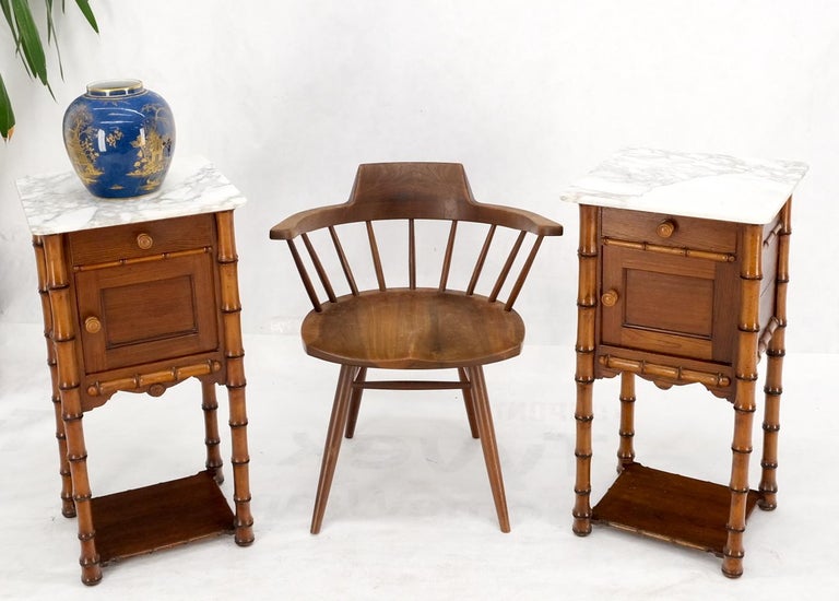 Pair of Antique faux bamboo marble top two tier one door drawer nightstands.